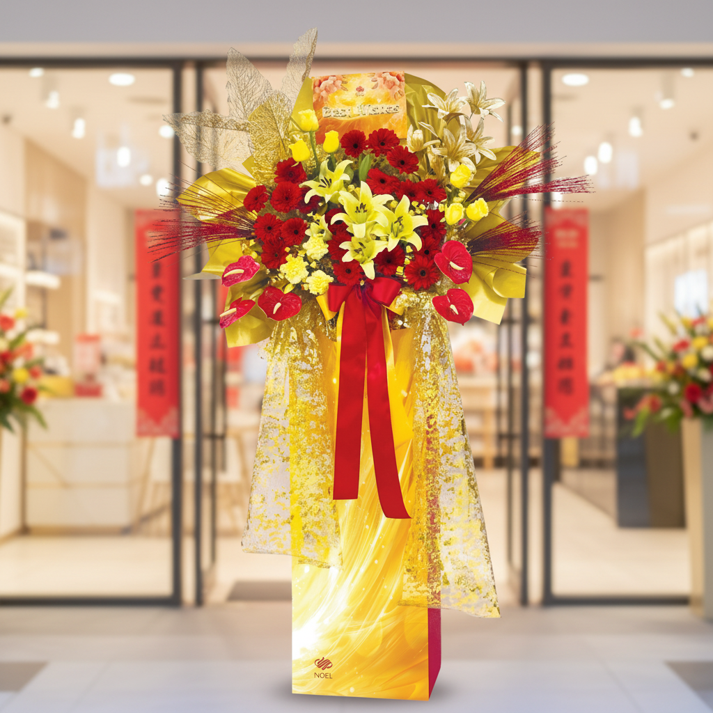 Floral arrangement with red and yellow flowers, wrapped in gold paper and a red ribbon on a white background.