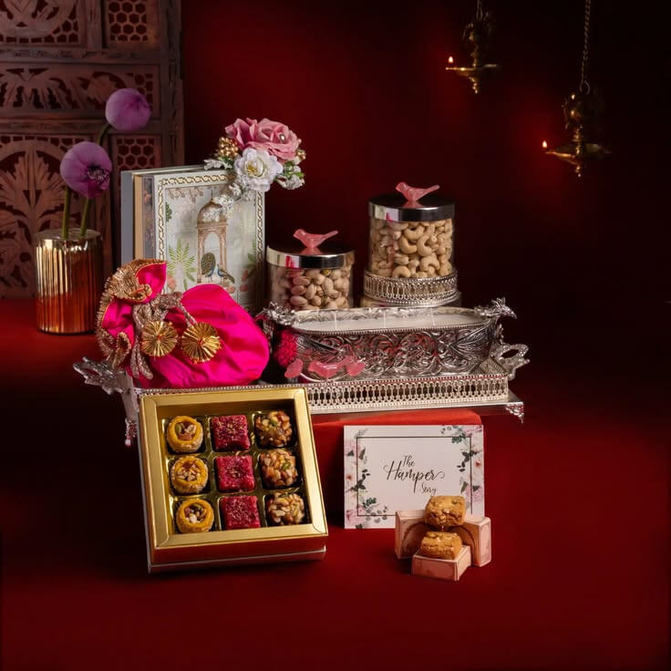 Deepavali corporate gift hamper with Indian sweets, nuts and festive decorations arranged against a red backdrop