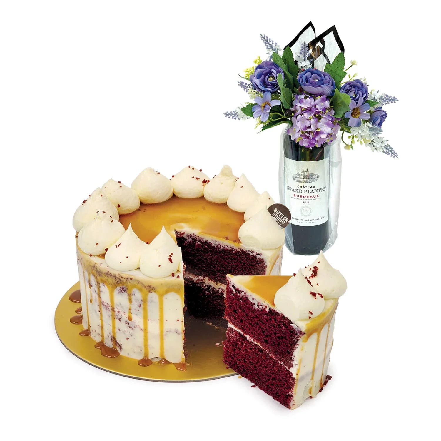 The Butter Studio Salted Caramel Red Velvet Birthday Cake with Wine and Flowers