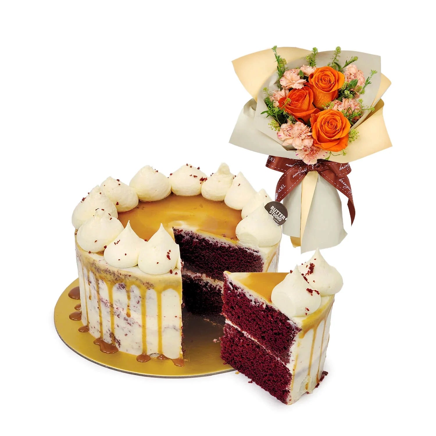 The Butter Studio Salted Caramel Red Velvet Birthday Cake with Flower Hand Bouquet