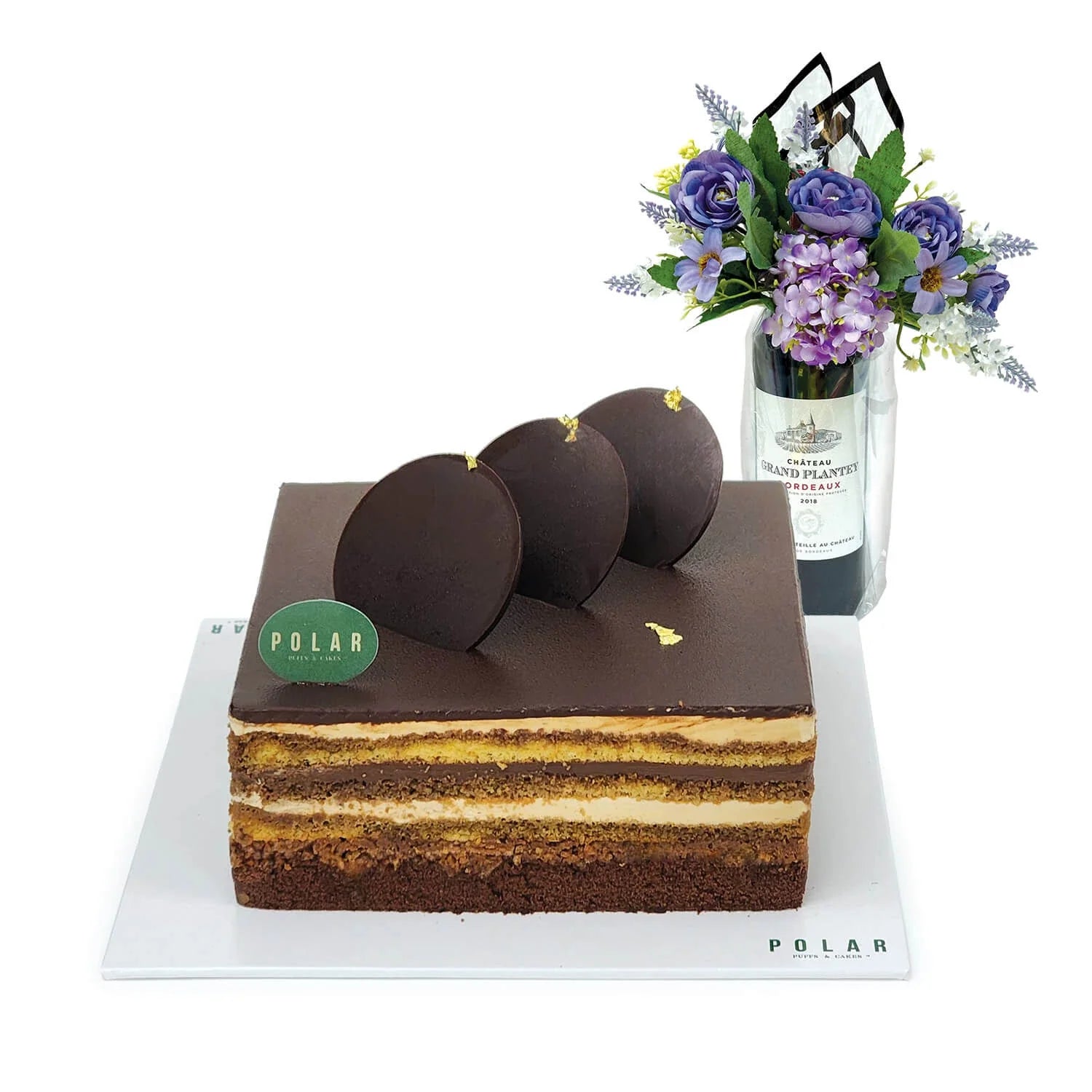 Polar Opera Chocolate Coffee Birthday Cake with Wine & Flowers