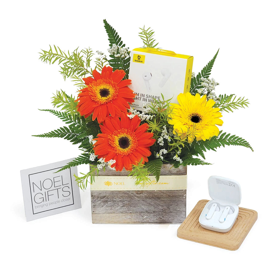 Groovy Beats Gifts for Him with wireless earbuds and colourful flowers