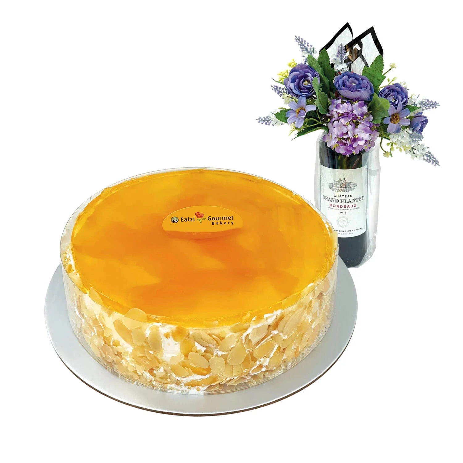 Eatzi Gourmet Mango Mousse Birthday Cake with Wine & Flowers