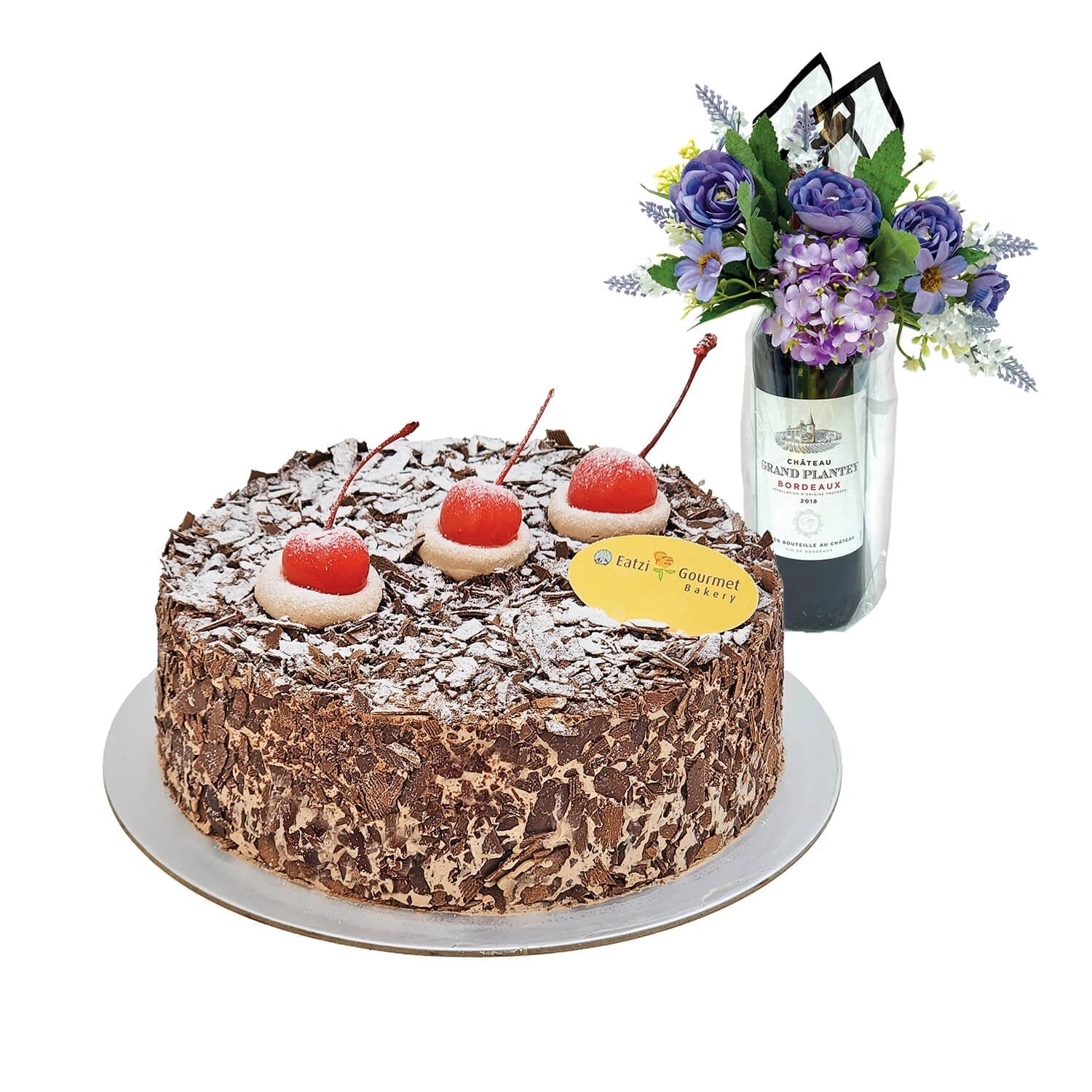 Eatzi Gourmet Black Forest Cake with Wine & Flowers