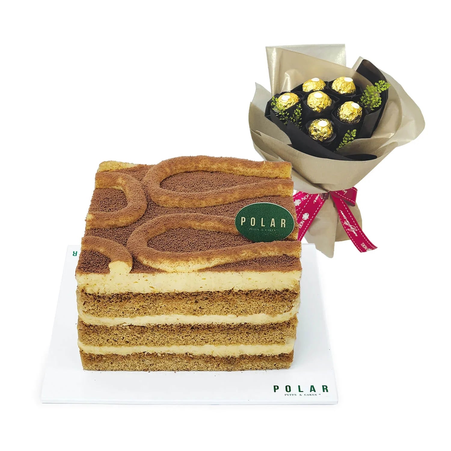 Polar Puff Tiramisu 4" Cake with Ferrero Rocher Bouquet