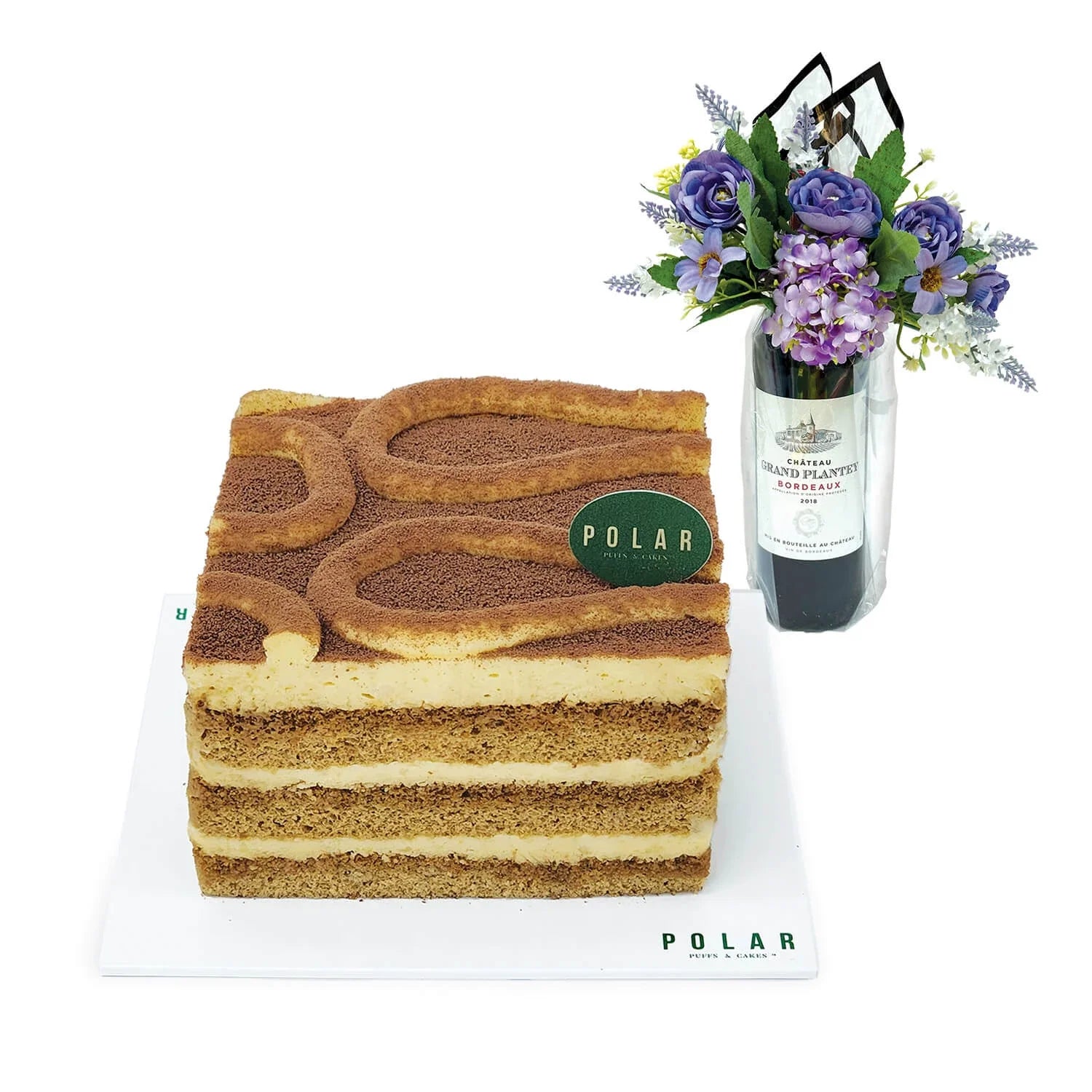 Polar Puff Tiramisu 4" Cake with Wine & Flowers