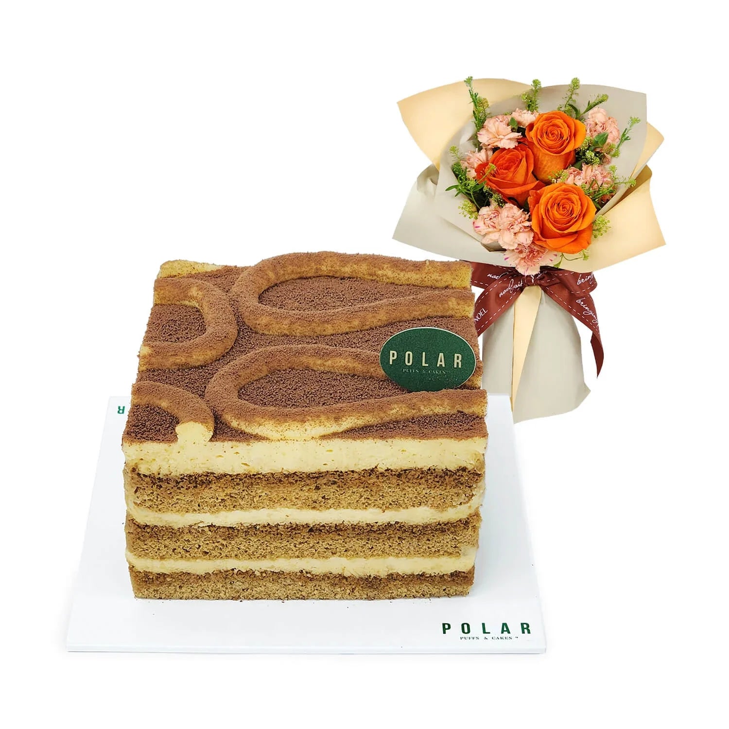Polar Puff Tiramisu 4" Cake with Flower Hand Bouquet