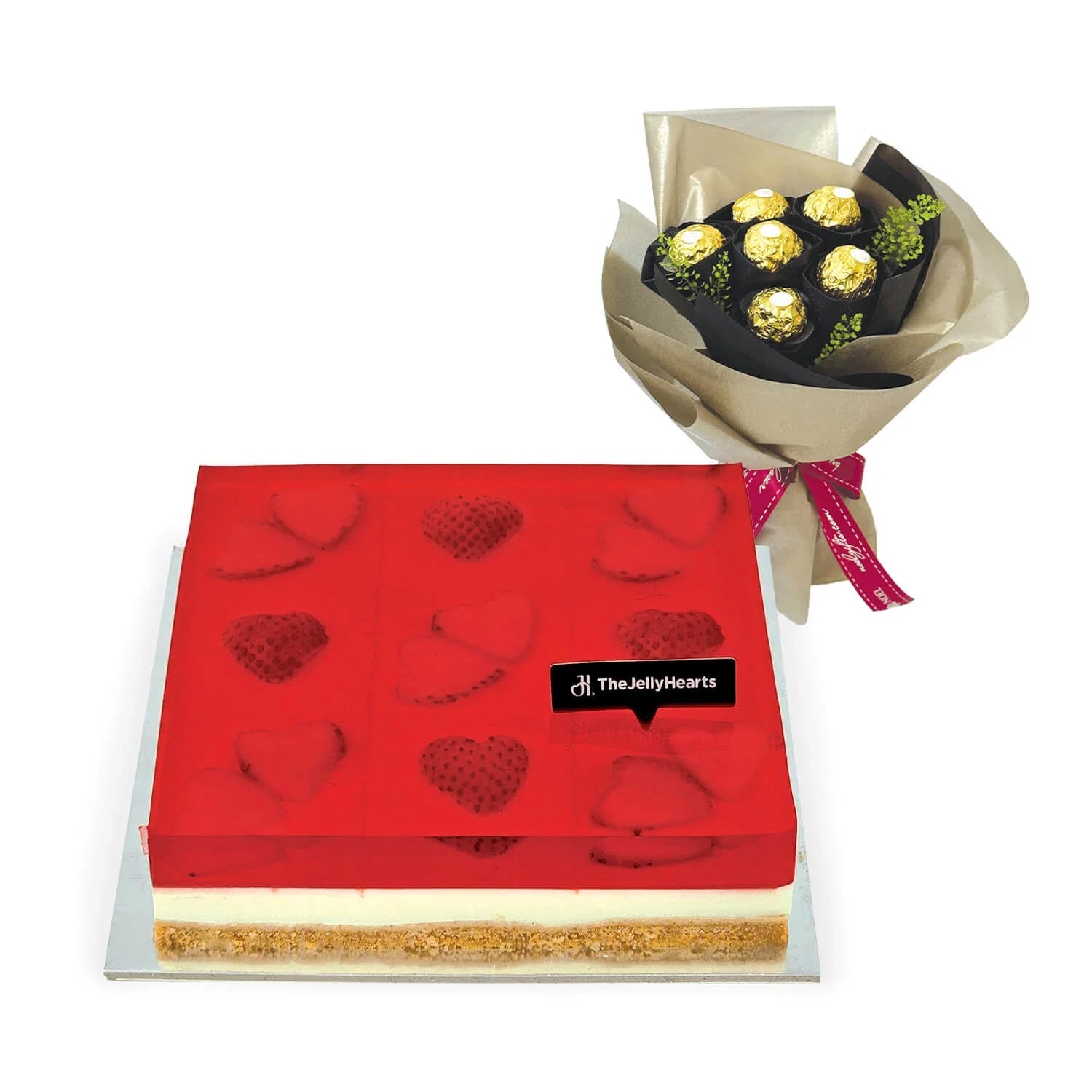Jelly Hearts Cheesecake Squares 6" (Uncut) with Ferrero Rocher Bouquet