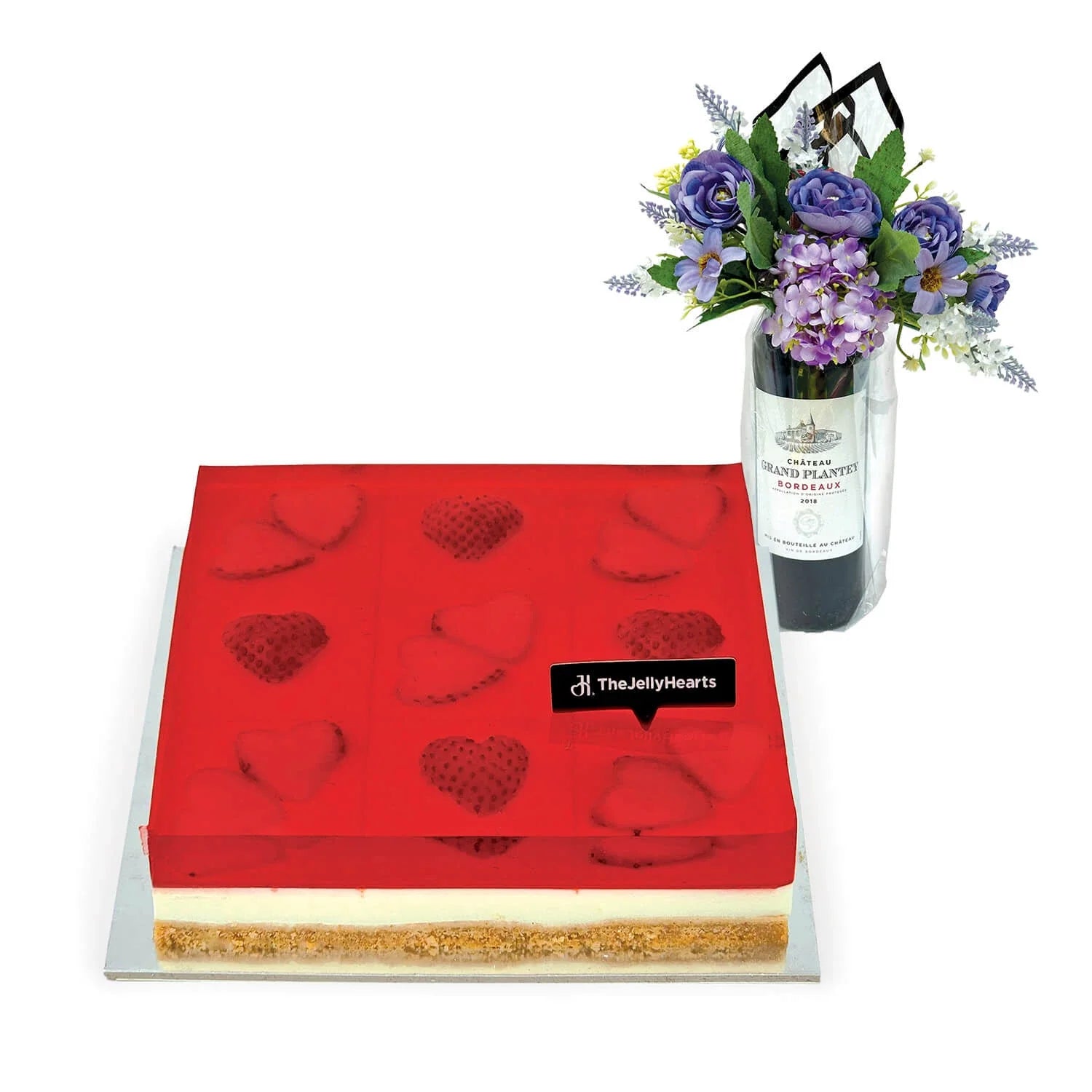Jelly Hearts Cheesecake Squares 6" (Uncut) with Wine & Flowers