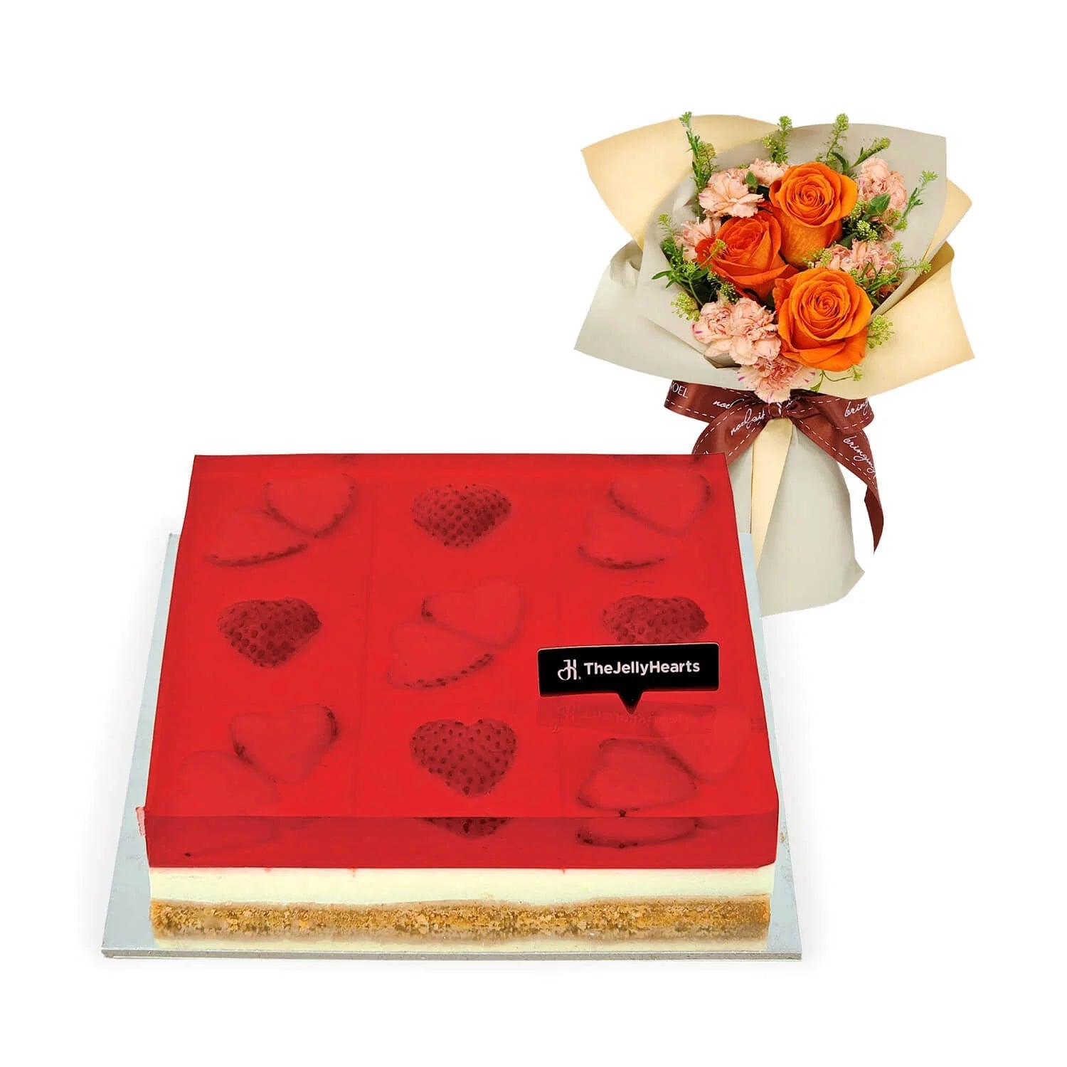 Jelly Hearts Cheesecake Squares 6" (Uncut) with Hand Bouquet