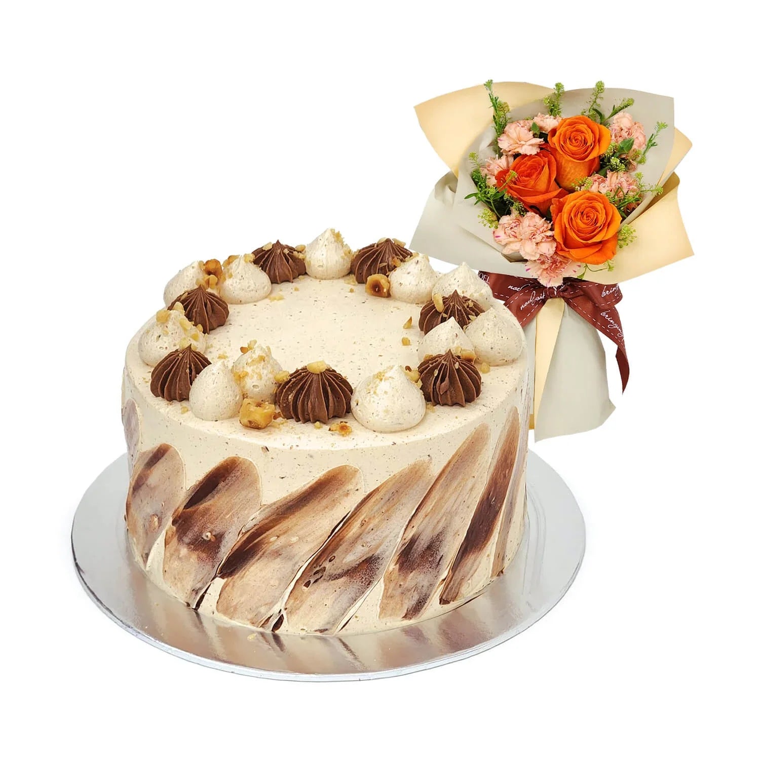 The Pine Garden Hazelnut Chocolate Crunch Birthday Cake with Flower Hand Bouquet