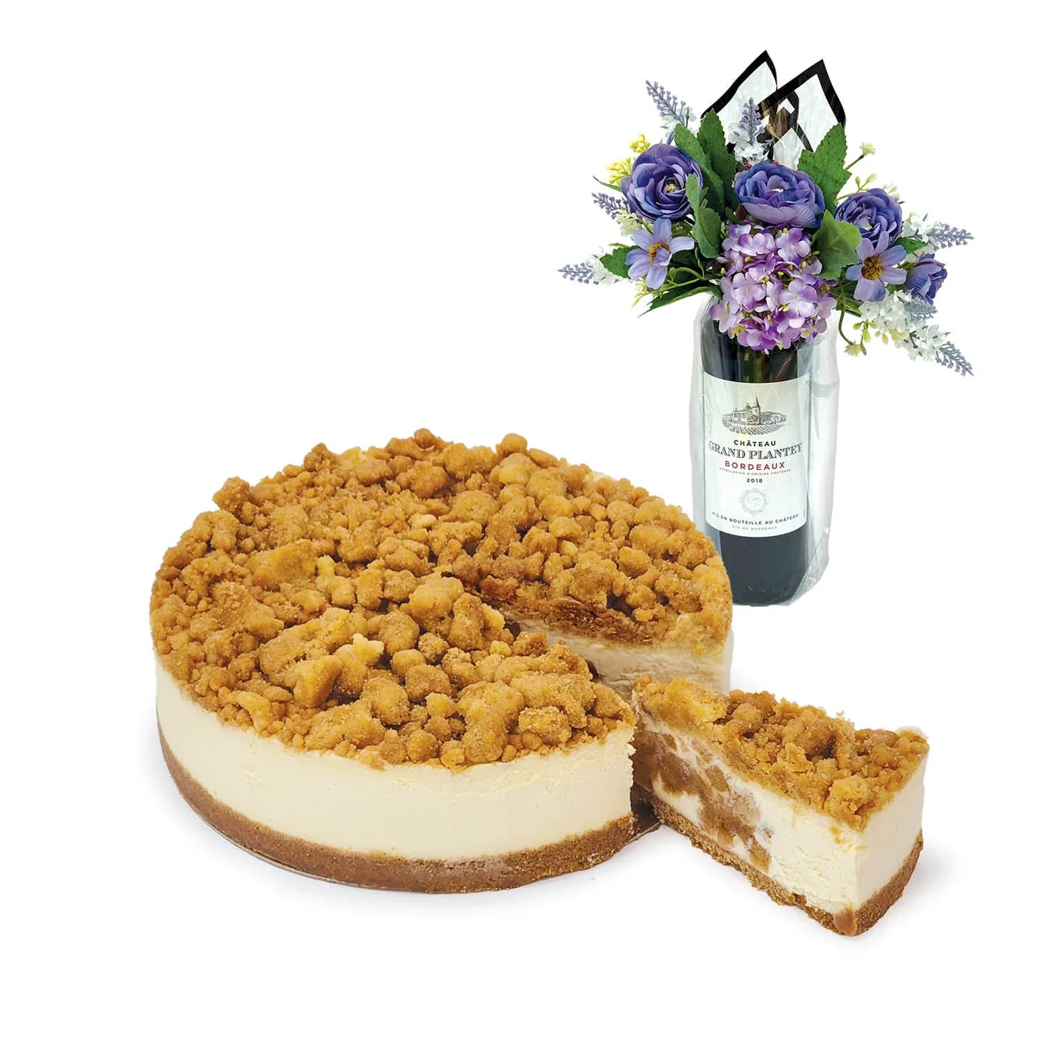 Apple Crumble Birthday Cheesecake with Wine and Flowers