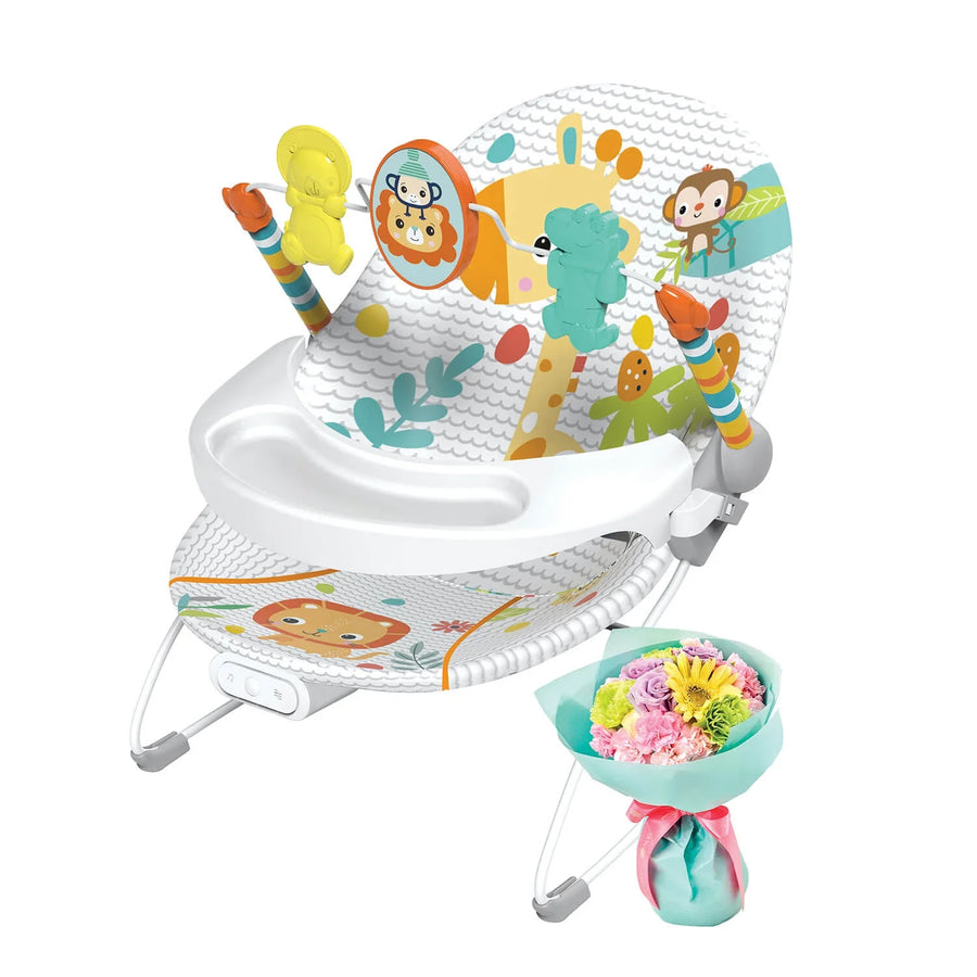 Newborn Rocker Baby Gift with baby rocker and flower bouquet