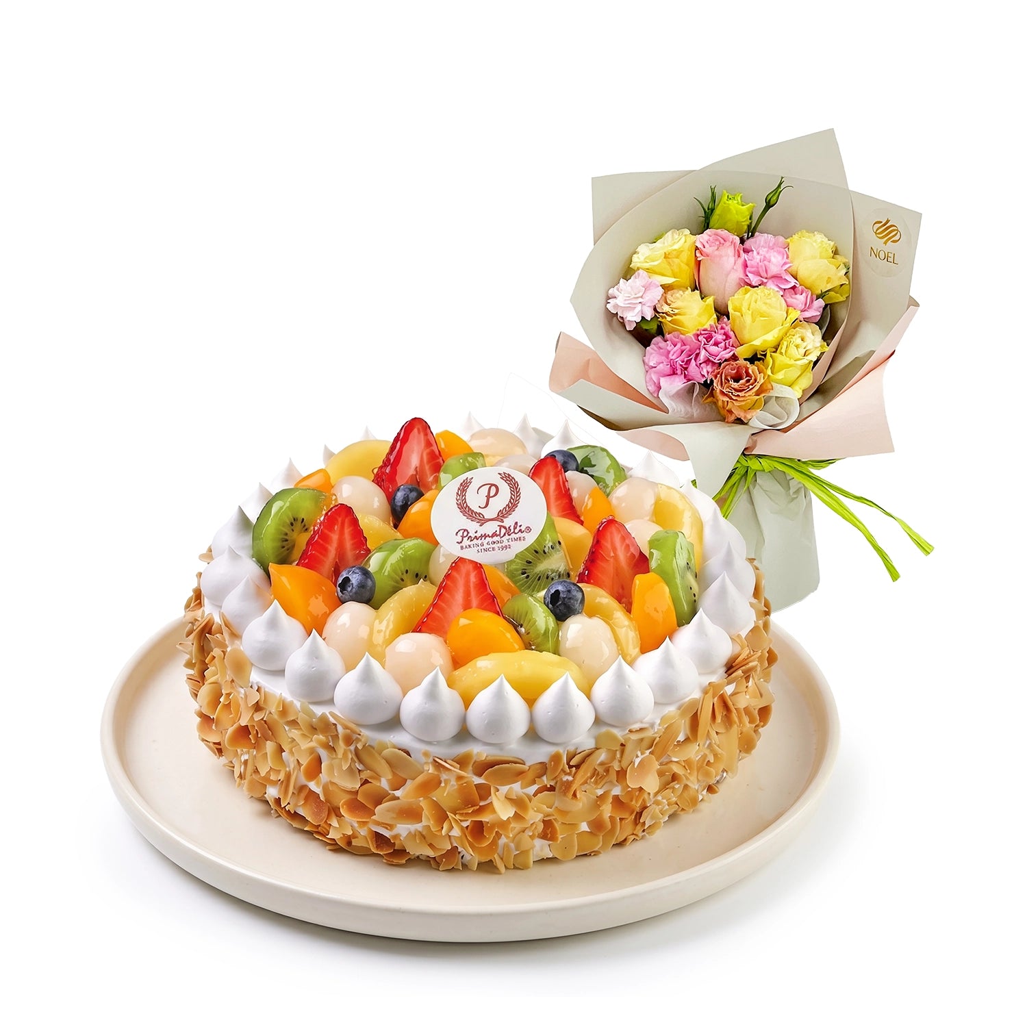 Prima Deli Fruit Flan Cake with Floral Hand Bouquet