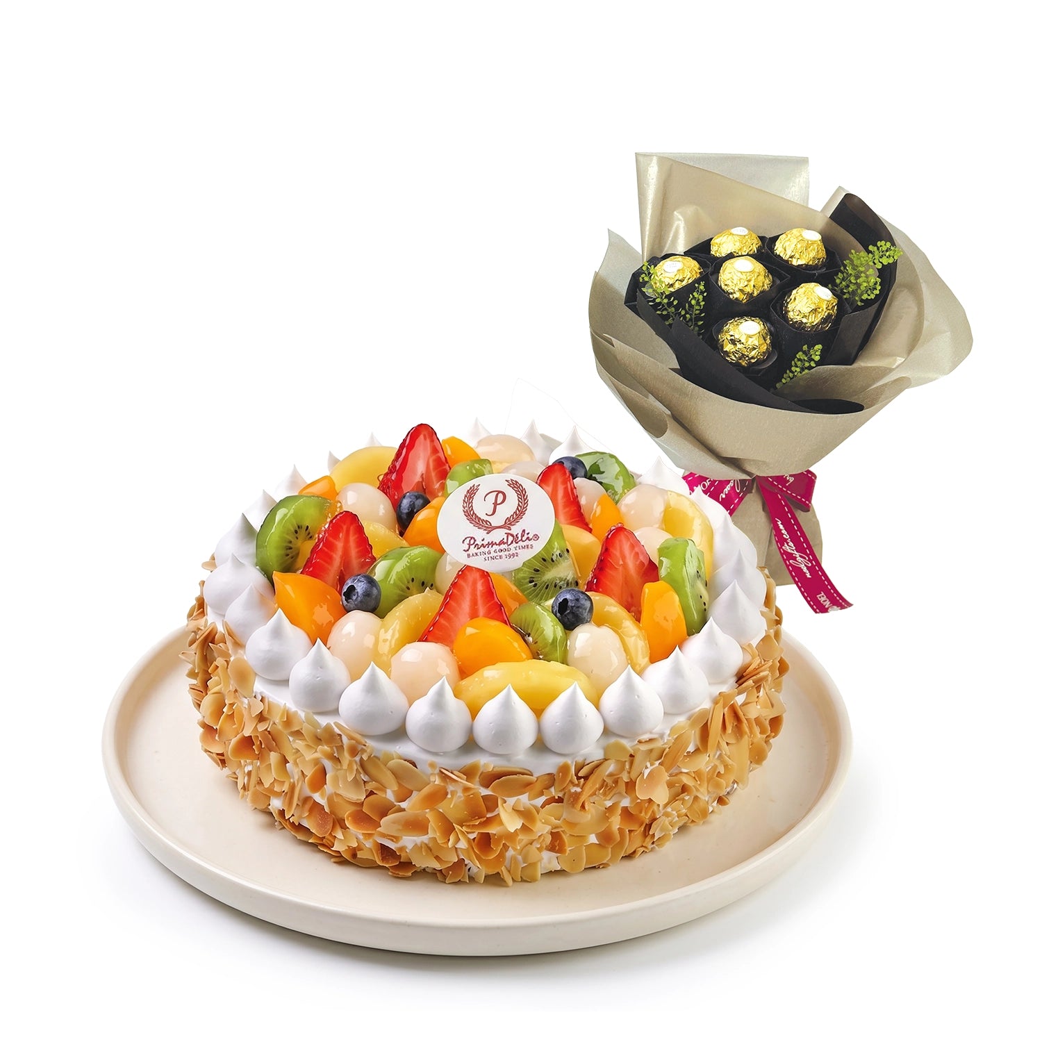 Prima Deli Fruit Flan Cake with Ferrero Rocher Bouquet