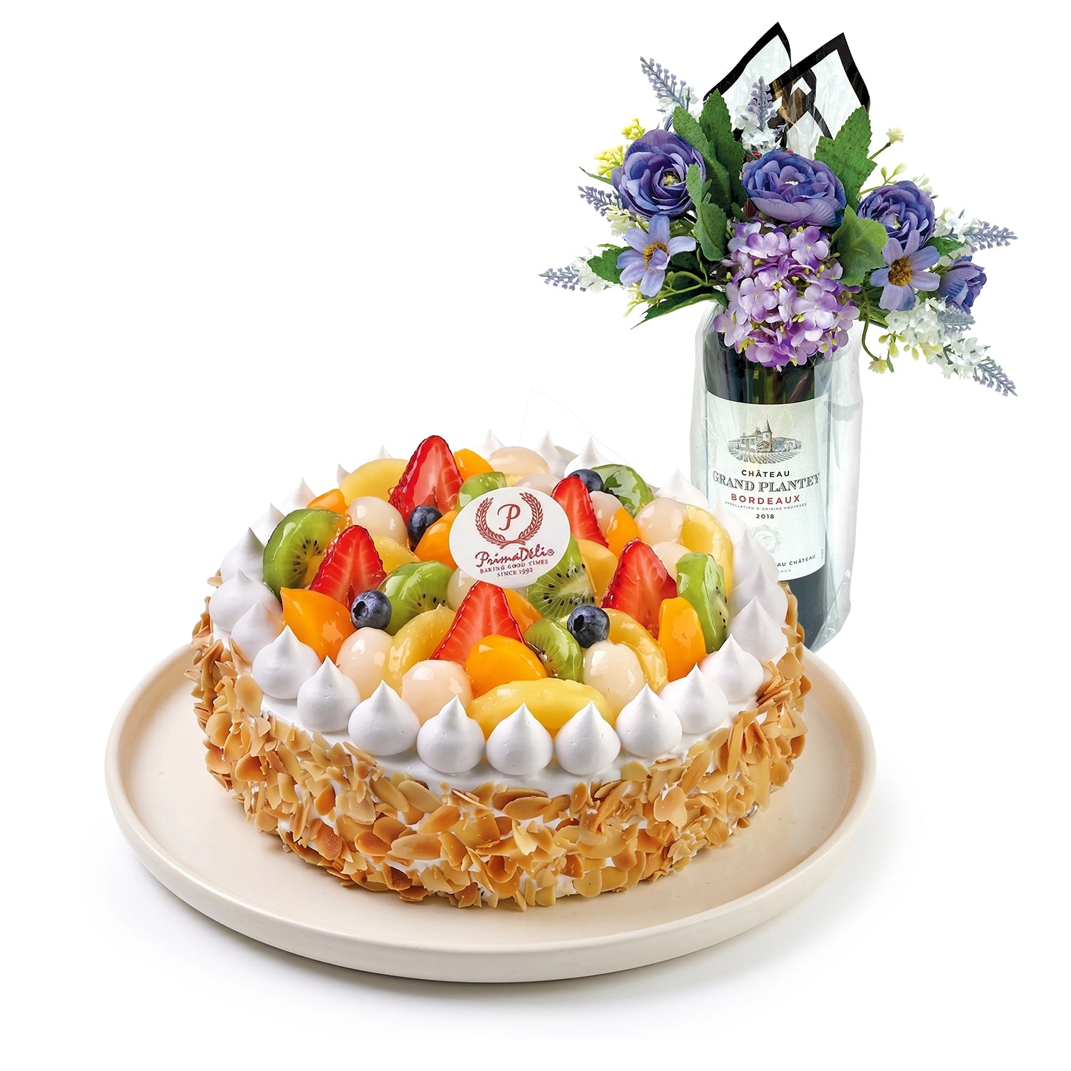 Prima Deli Fruit Flan Cake with Wine & Flowers