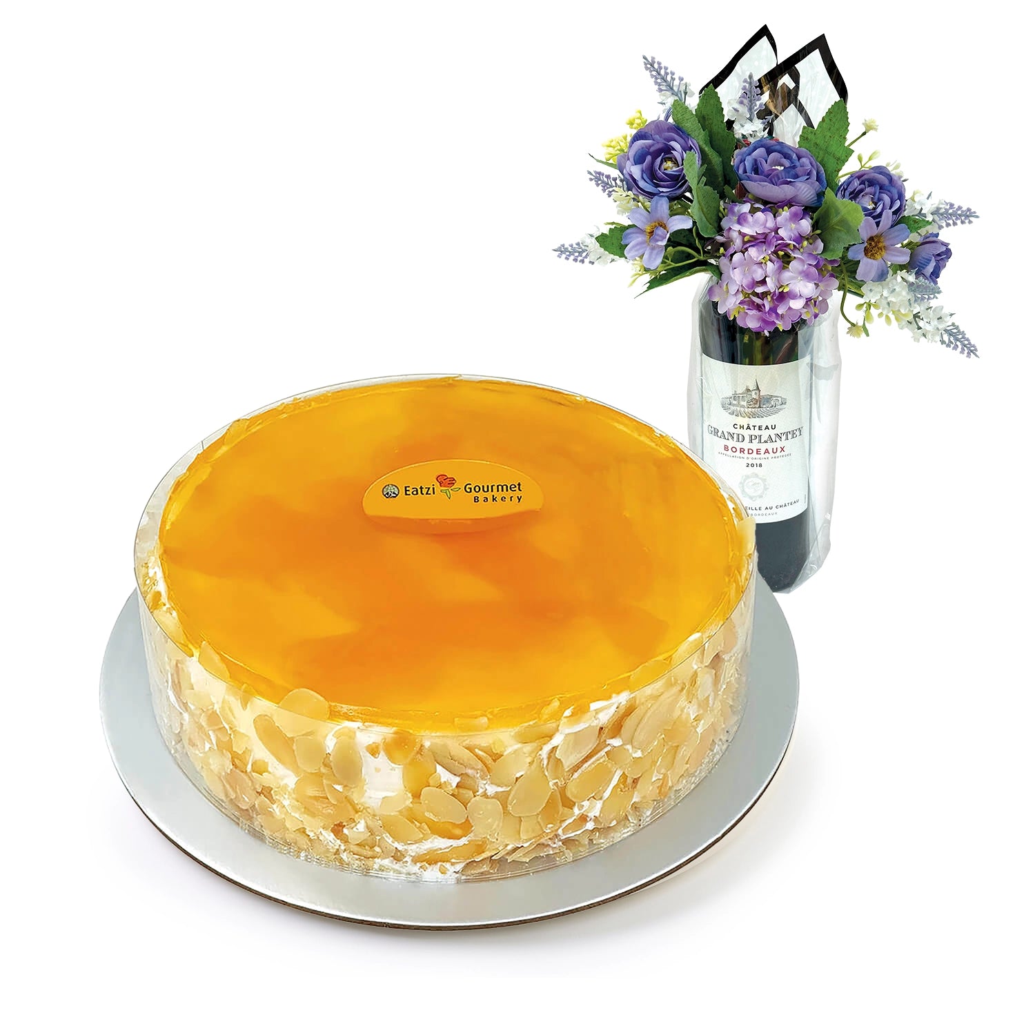 EATZI Gourmet Mango Mousse Gift with Wine & Flowers
