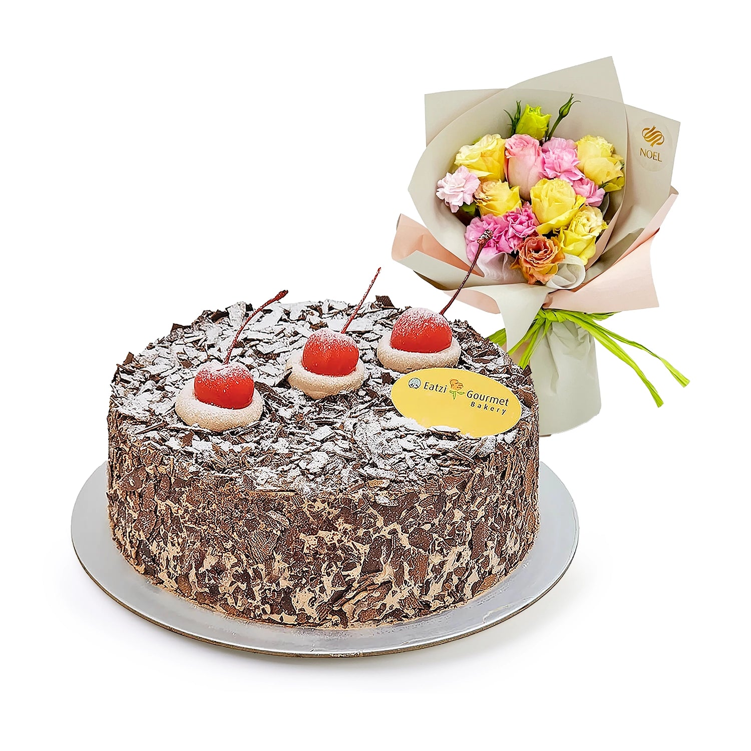 Eatzi Gourmet Black Forest Birthday Cake with Floral Hand Bouquet