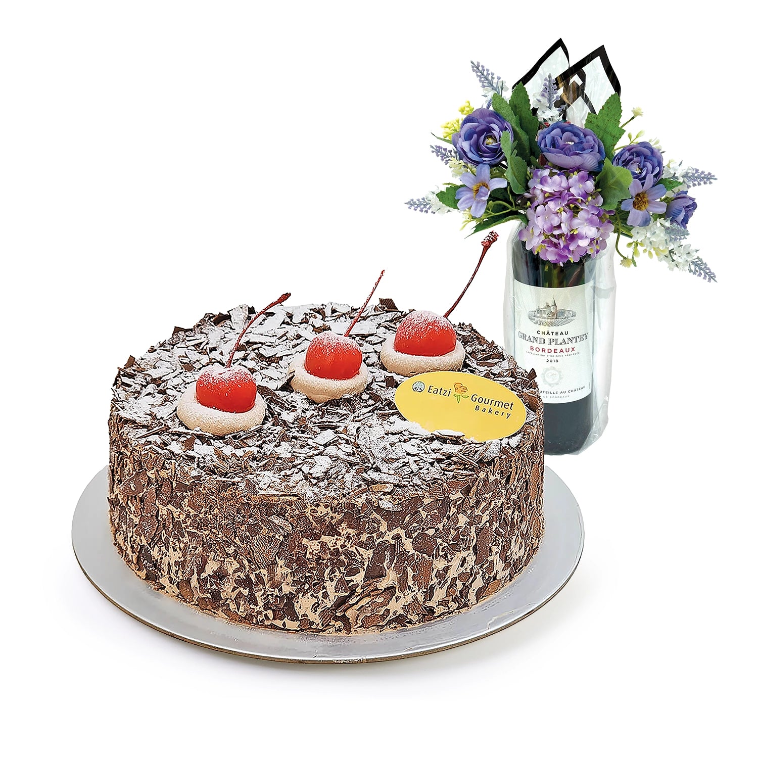 Eatzi Gourmet Black Forest Birthday Cake with Wine & Flowers