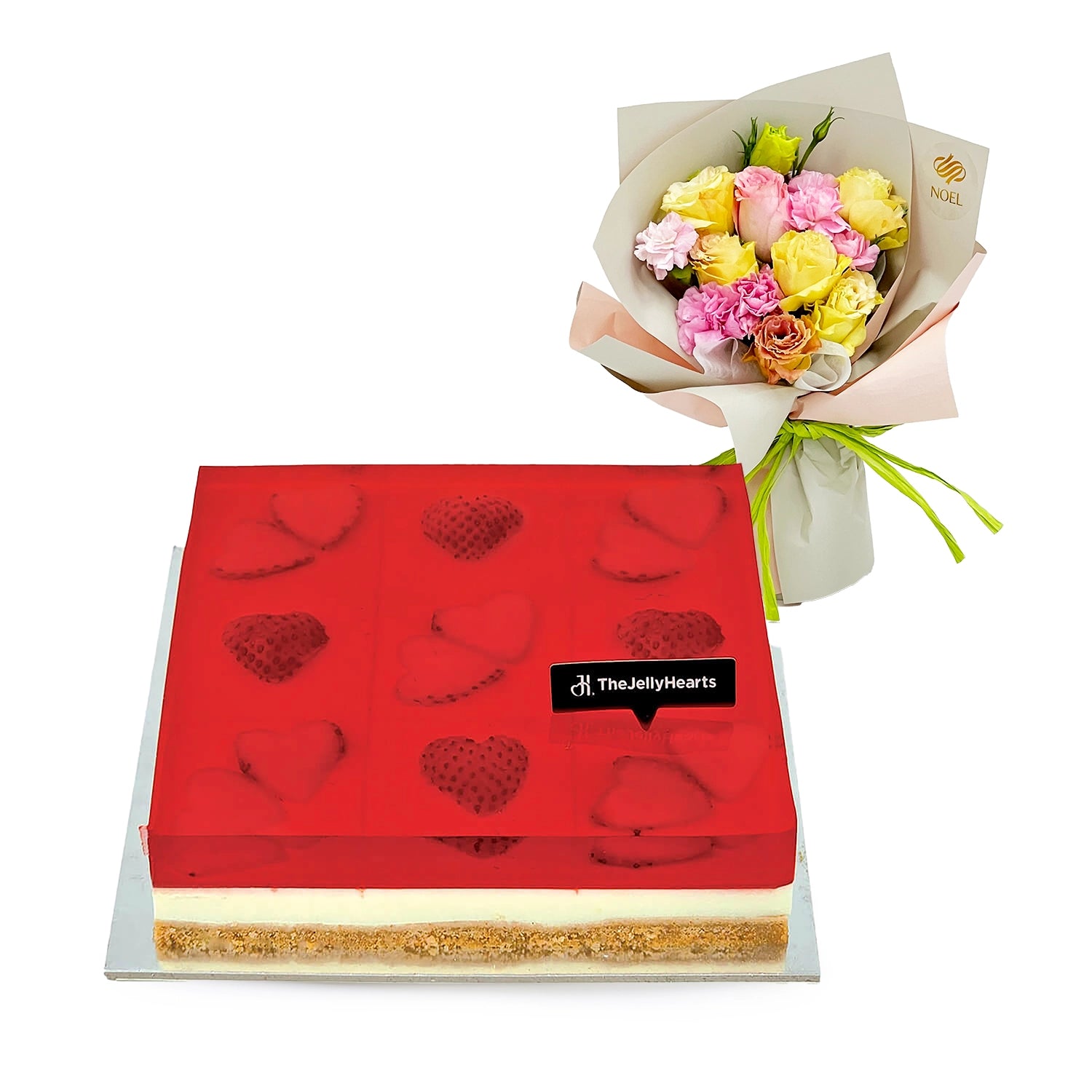 Jelly Hearts Birthday Cheesecake with Floral Hand Bouquet