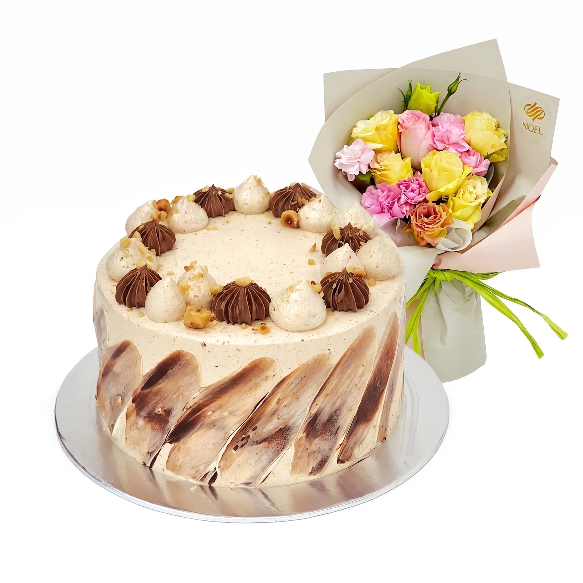 The Pine Garden Hazelnut Chocolate Crunch Birthday Cake with Floral Hand Bouquet