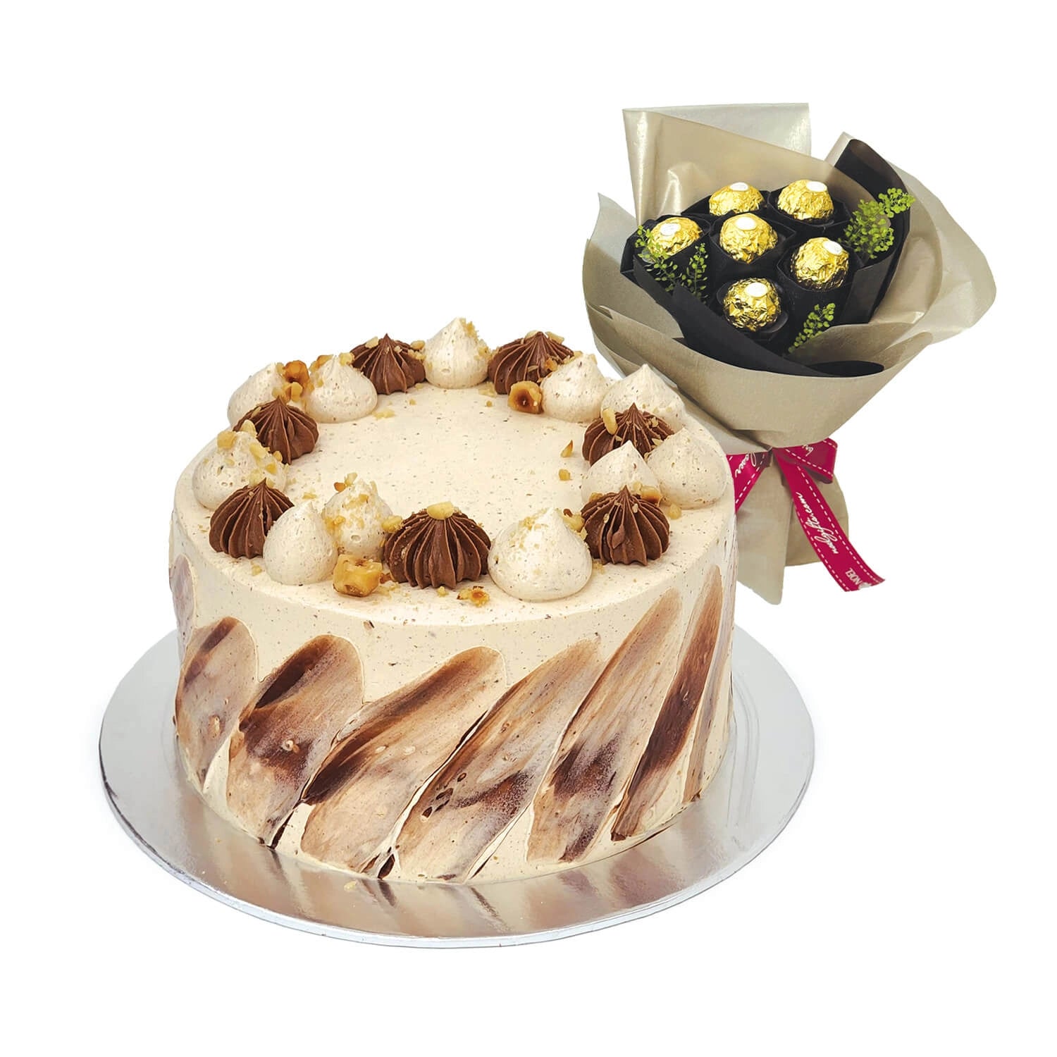 The Pine Garden Hazelnut Chocolate Crunch Birthday Cake with Floral Hand Bouquet