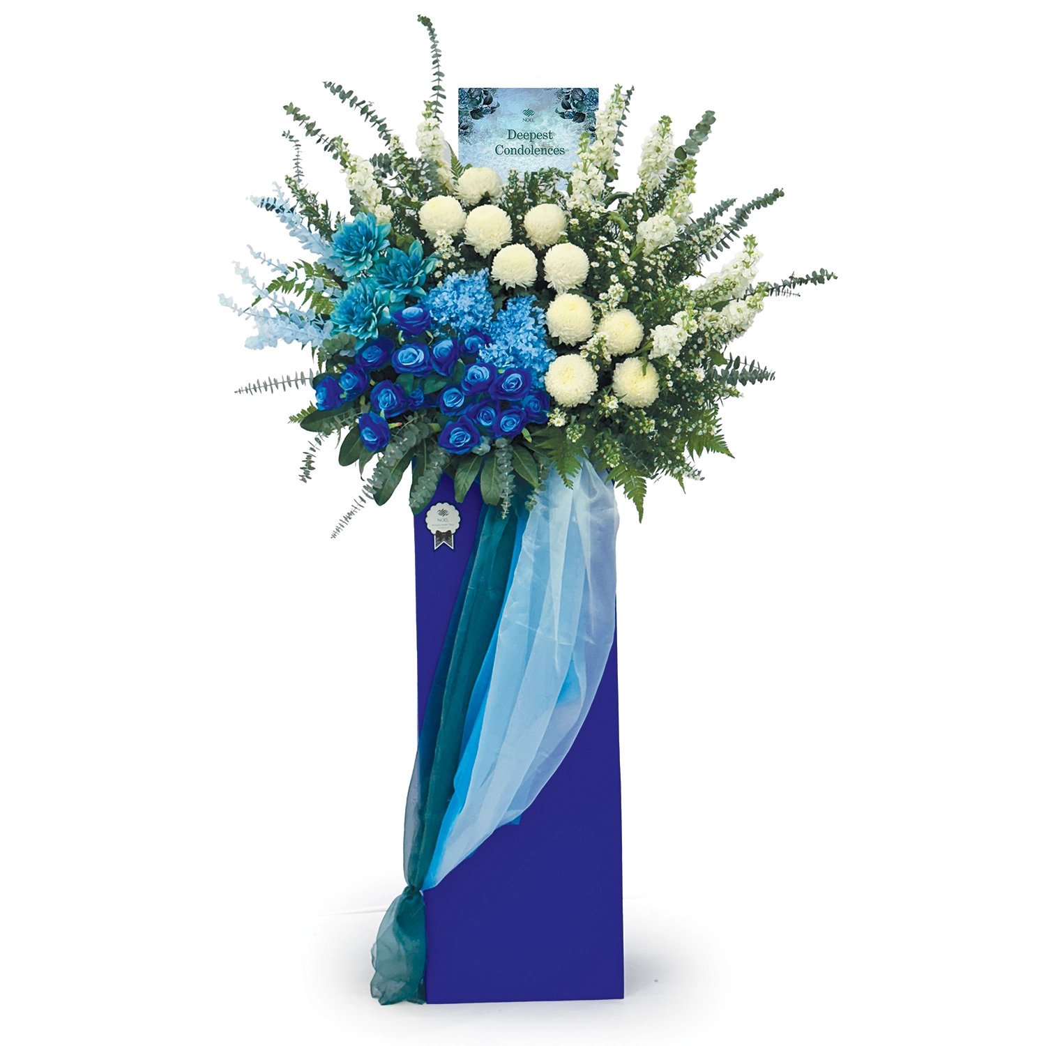 Floral arrangement with blue and white flowers on a white background