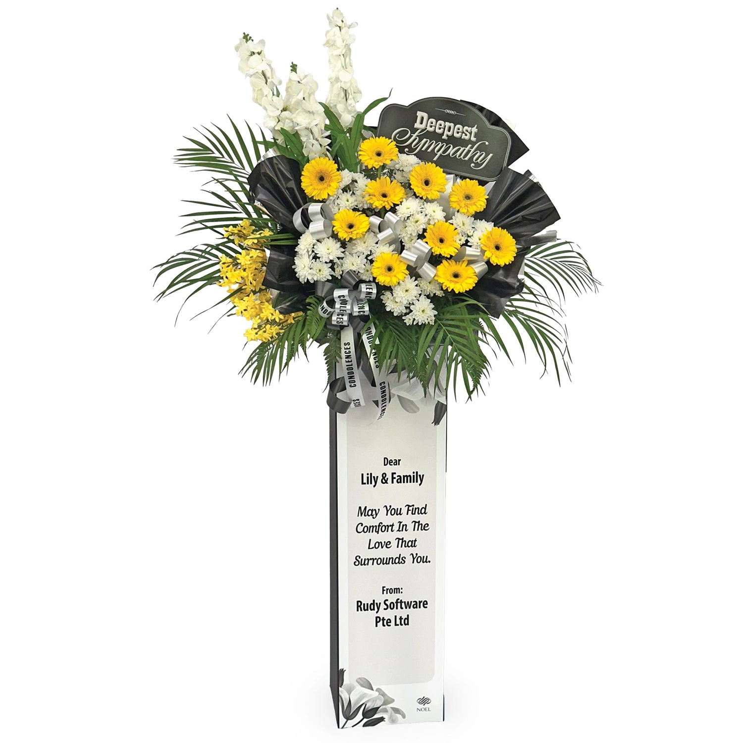 Floral arrangement with a sympathy card on a white background