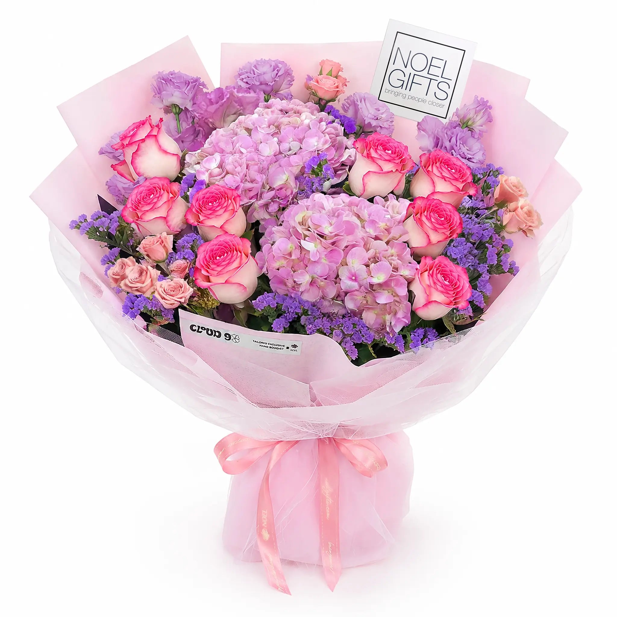 Deluxe Pink Flower Bouquet with Pink Hydrangeas and Two-Tone Pink Roses