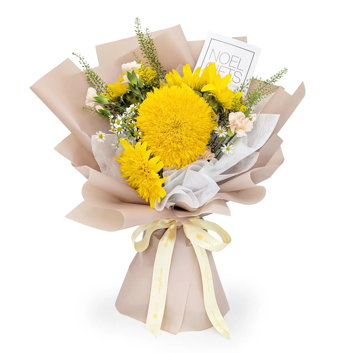 Sunshine Hugs Hand Bouquet with a golden teddy bear sunflower, champagne spray carnation, chamomile and lepidium in blush-toned wrapping.