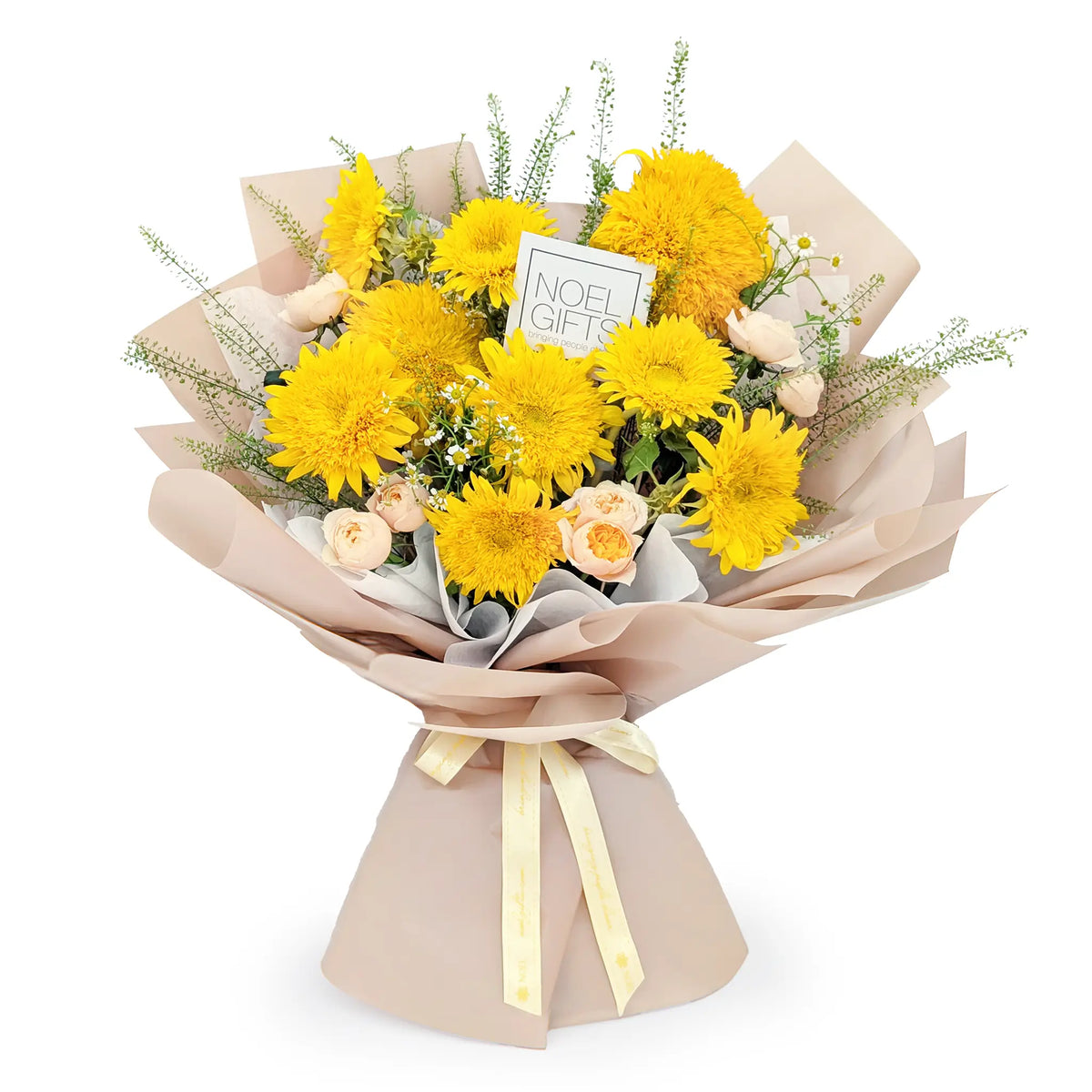 Sunshine Hugs Classic Hand Bouquet with Teddy Bear Sunflowers and peach accents