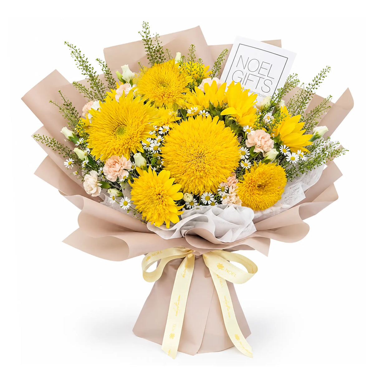 Sunshine Hugs Deluxe Hand Bouquet with Teddy Bear Sunflowers and peach accents