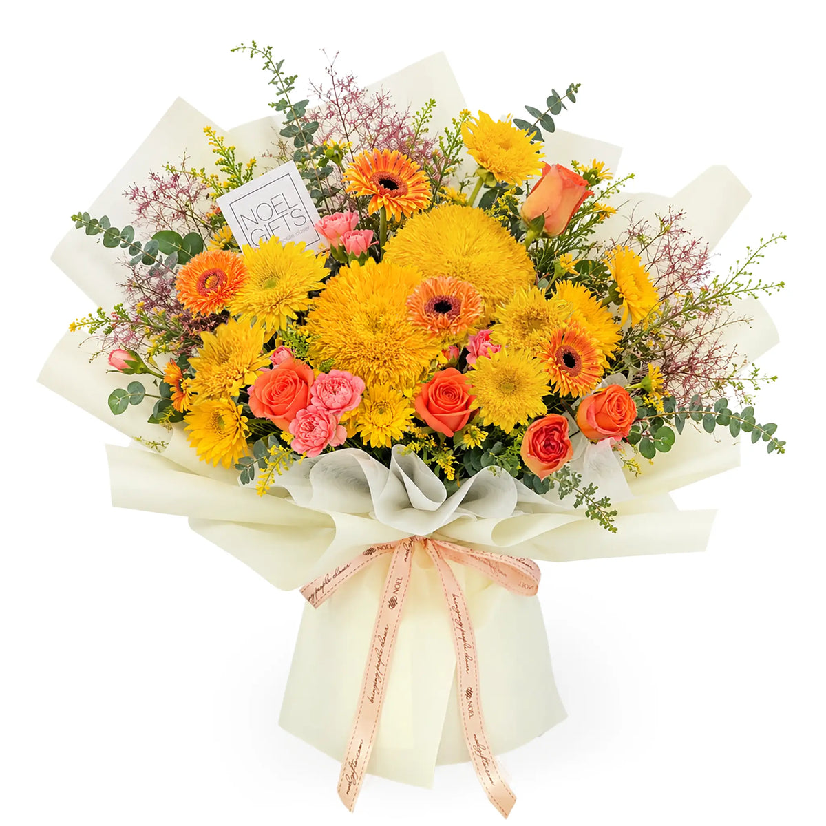 Here Comes The Sun Deluxe Hand Bouquet with Teddy Bear Sunflowers and orange flowers