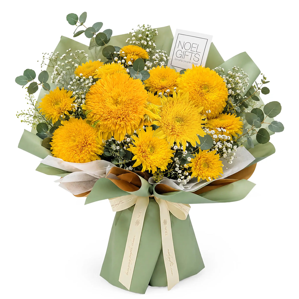 Sweet Sunny Days Deluxe Hand Bouquet ABHB26C with teddy bear sunflowers, orange baby’s breath and eucalyptus wrapped in soft green paper