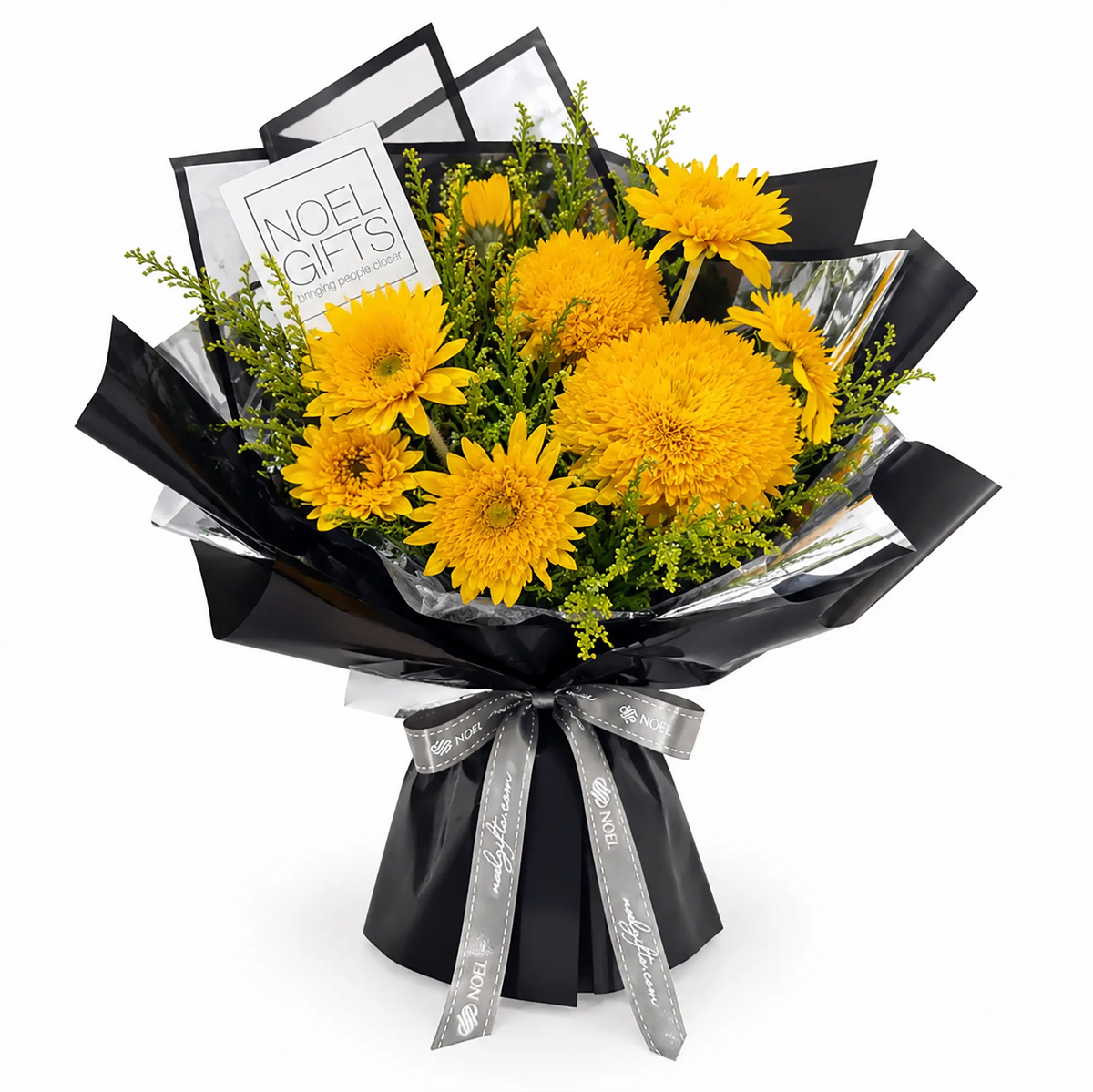 Born to Shine Petite Hand Bouquet with golden teddy bear sunflowers and yellow phoenix in striking black and metallic wrapping