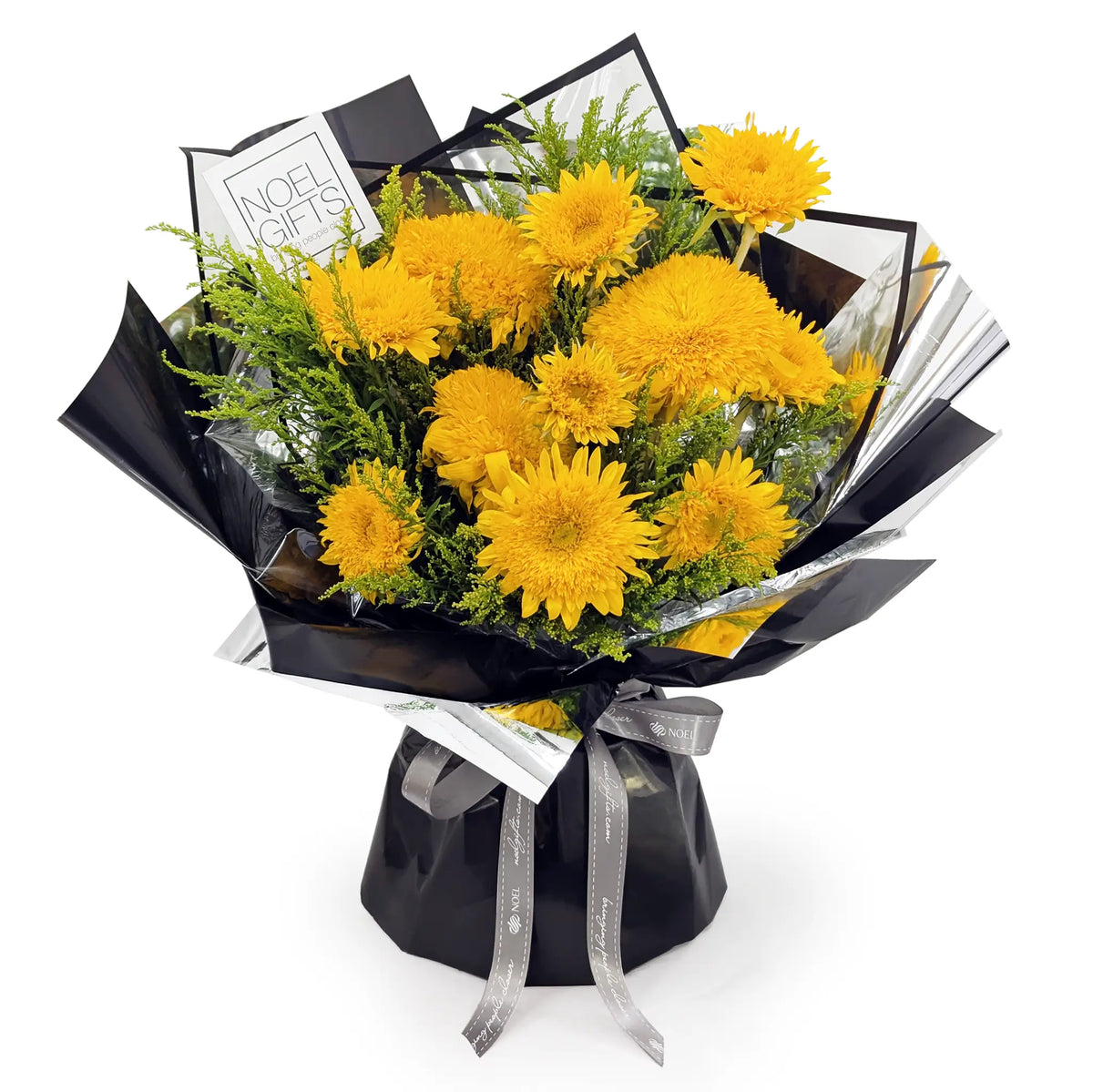 Born to Shine Classic Hand Bouquet with golden teddy bear sunflowers and yellow phoenix in black and metallic wrapping