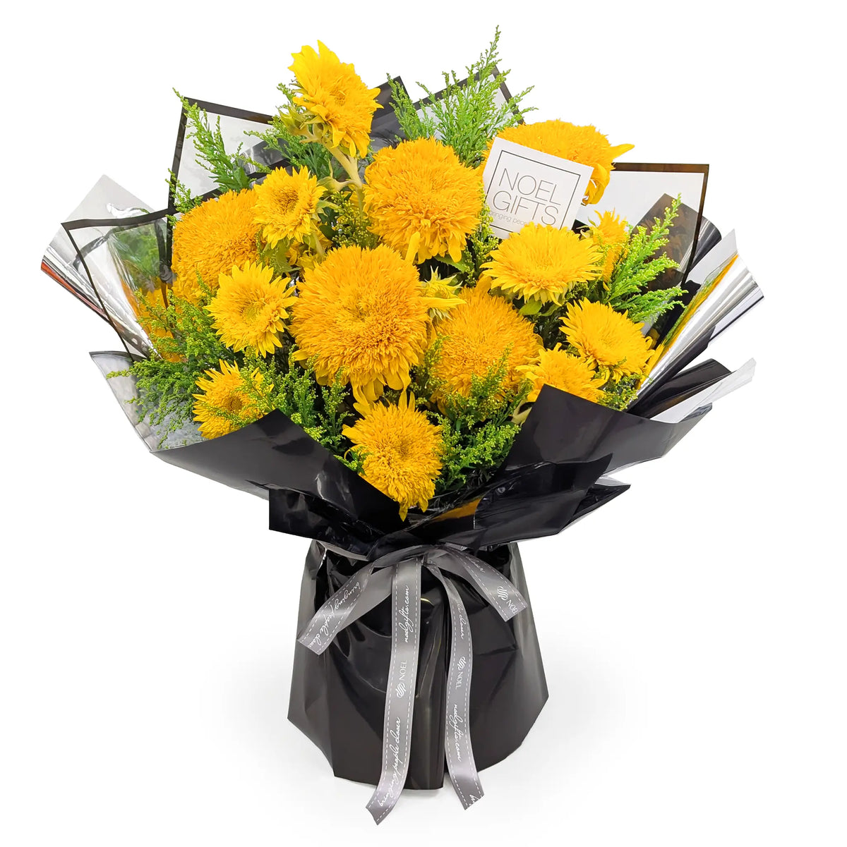 Born to Shine Deluxe Hand Bouquet with 5 Teddy Bear Sunflowers and Yellow Phoenix foliage in black and metallic wrapping | Noel Gifts
