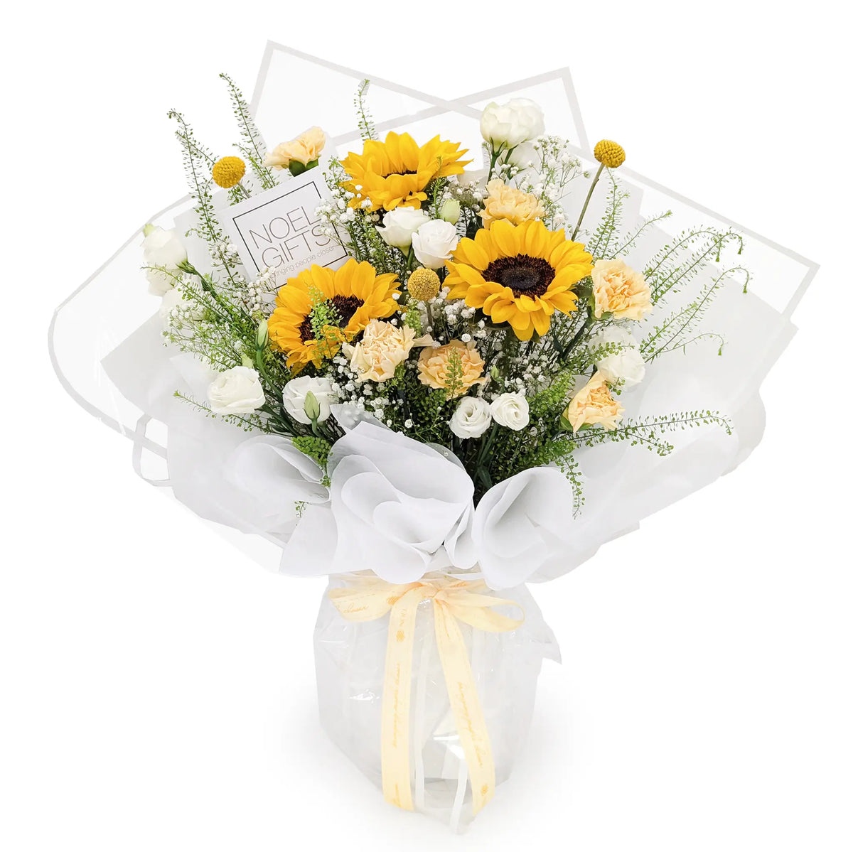 Golden Heart Classic Hand Bouquet featuring 3 sunflowers, white eustomas, champagne carnations, Baby’s Breath, Lepidium and Crespedia goeringii foliage | Noel Gifts