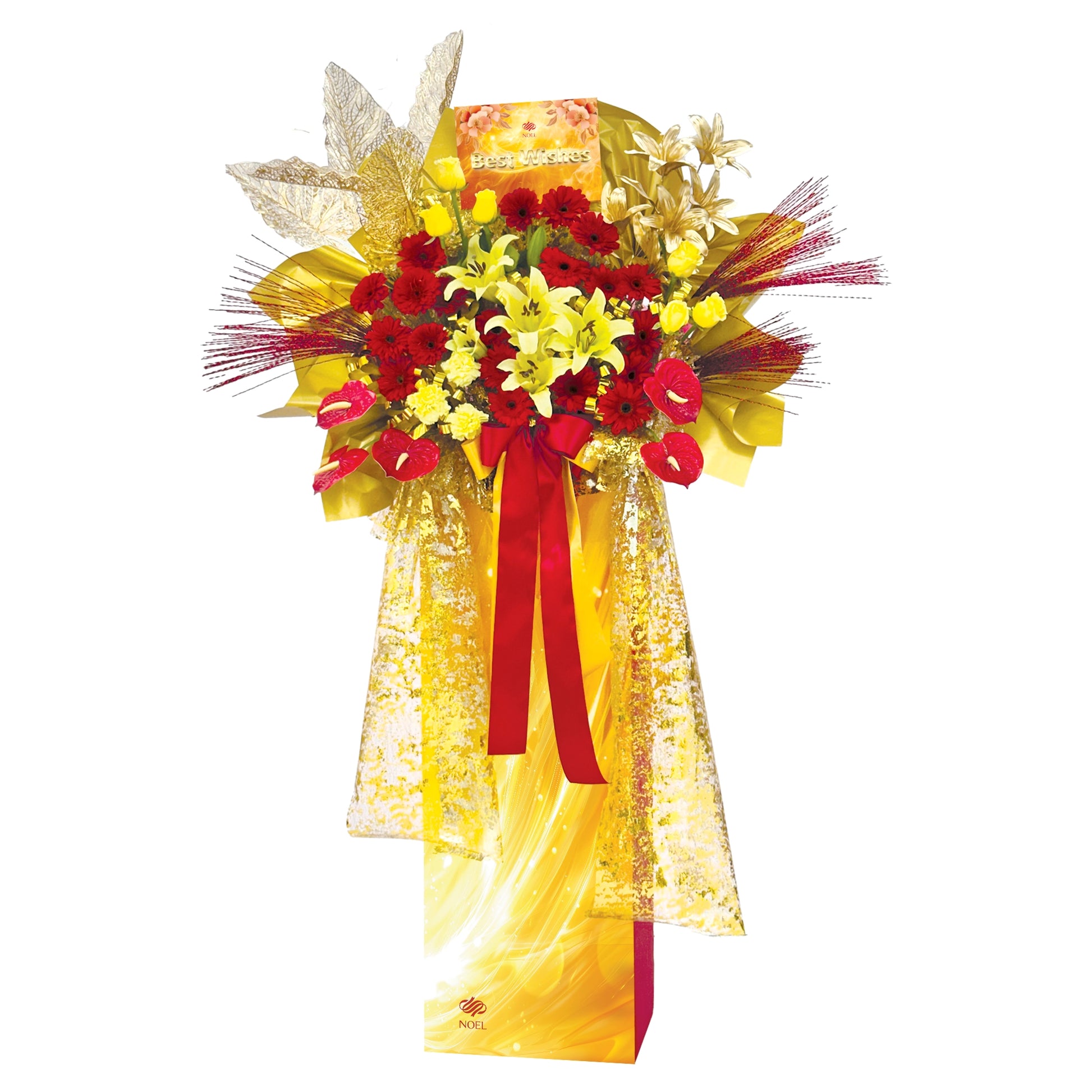 Floral arrangement with red and yellow flowers, wrapped in gold paper and a red ribbon on a white background.