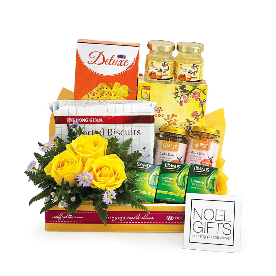 Vibrancy Wellness Hamper with bird's nest, essence of chicken, biscuits and yellow roses