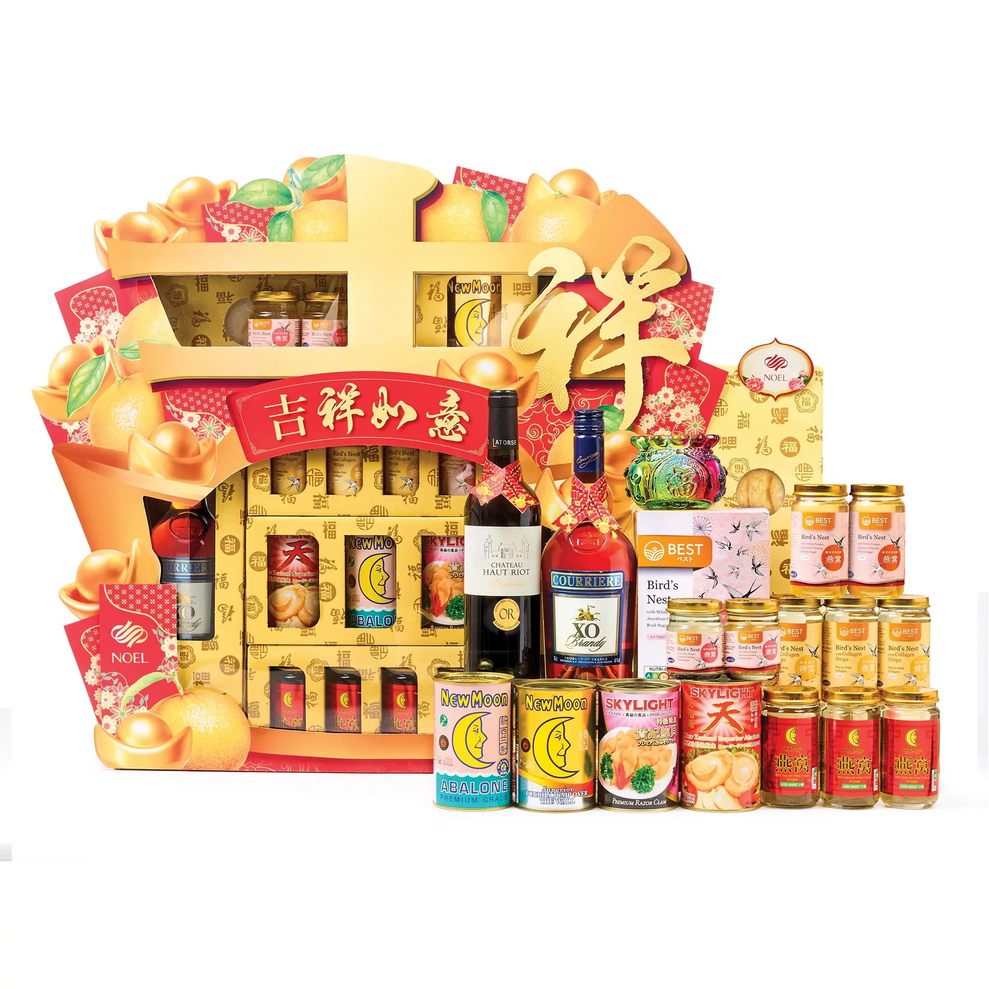 Chinese New Year luxury gift hamper with French brandy, Bordeaux wine, abalone, bird’s nest, fish maw and crystal money bag ornament