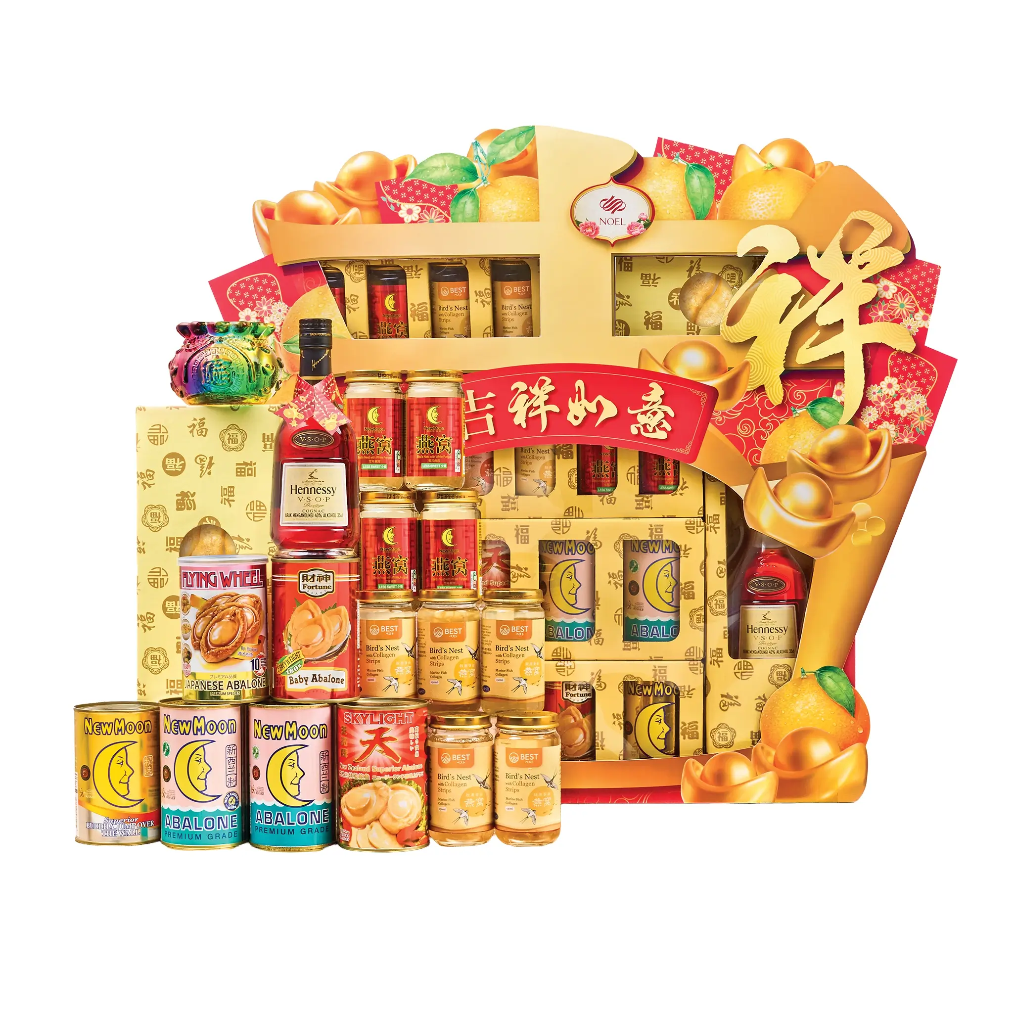 Chinese New Year luxury gift hamper with abalone, bird’s nest, Hennessy VSOP and crystal money bag ornament