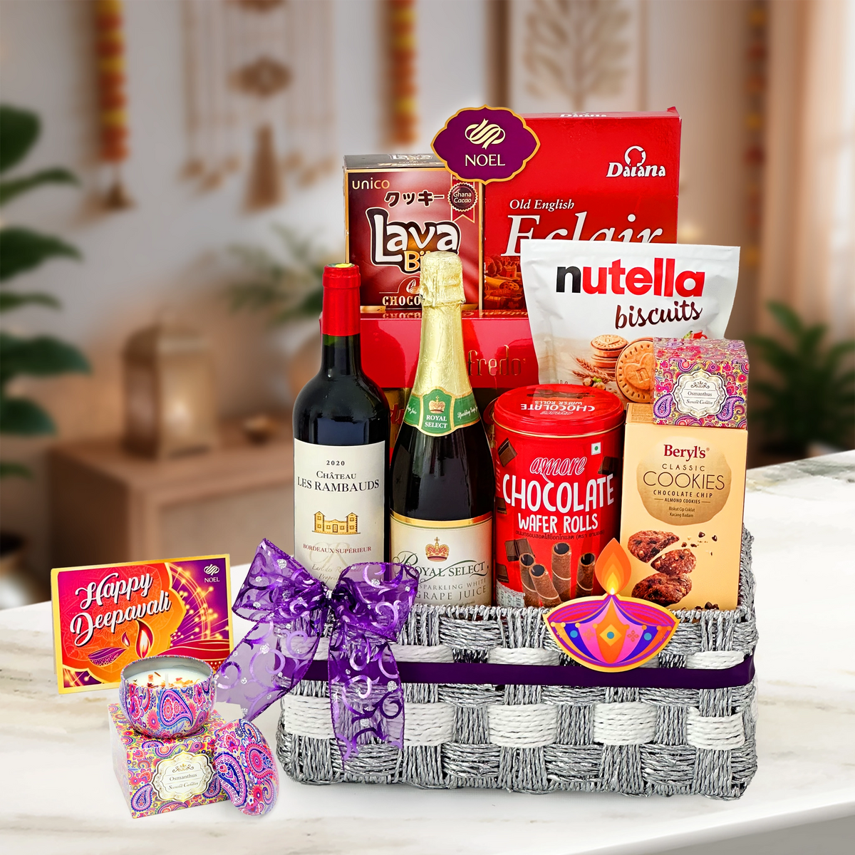 Deepavali Elegant Moments Hamper with Bordeaux red wine, sparkling juice, chocolates and scented candle