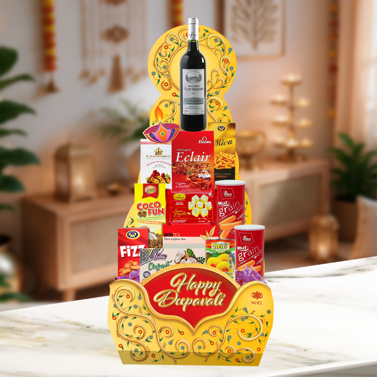 Deepavali Festive Delights Hamper with Bordeaux red wine, cookies, chocolates and festive treats