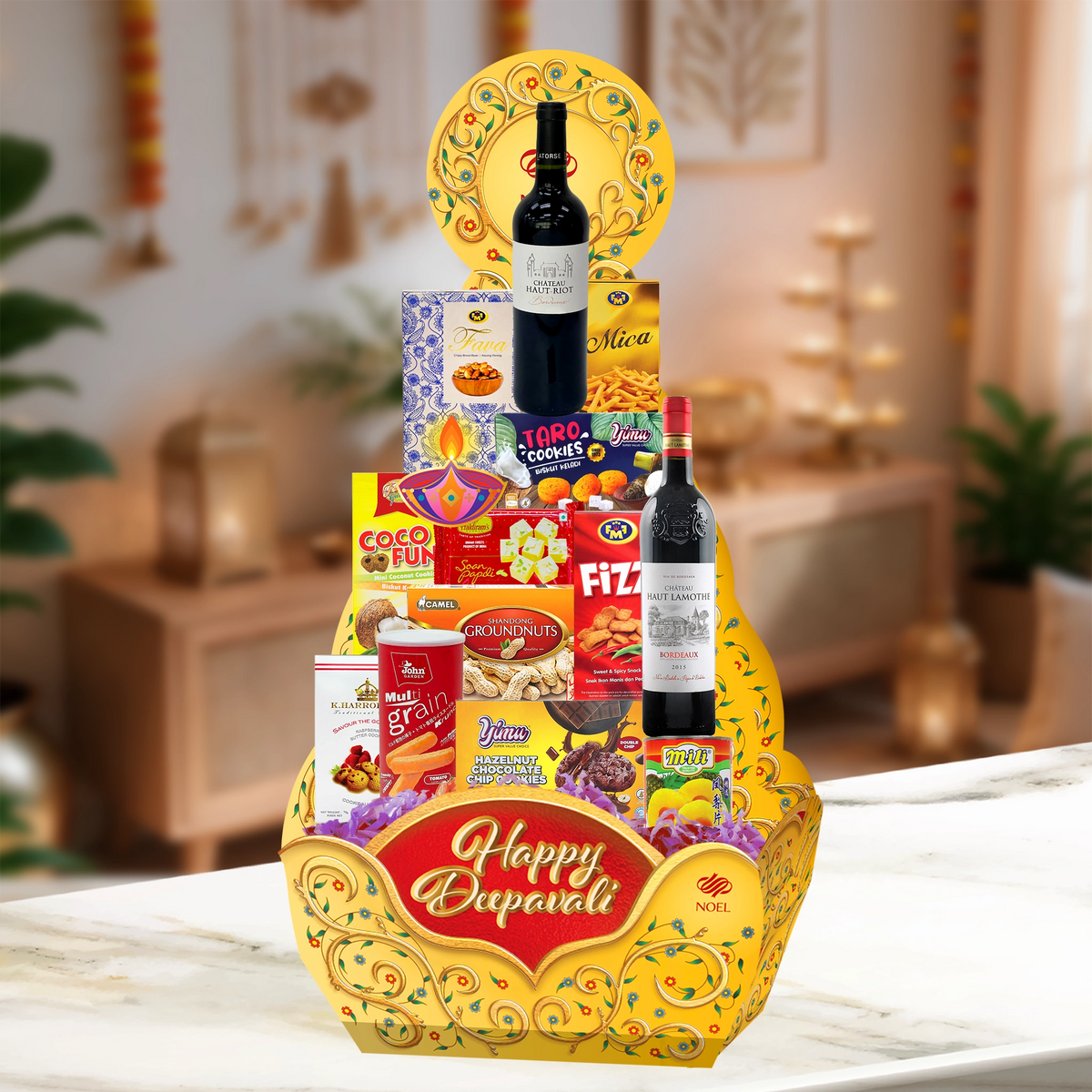 Deepavali Grand Celebration Hamper with two bottles of red wine, Soan Papdi, cookies and festive snacks