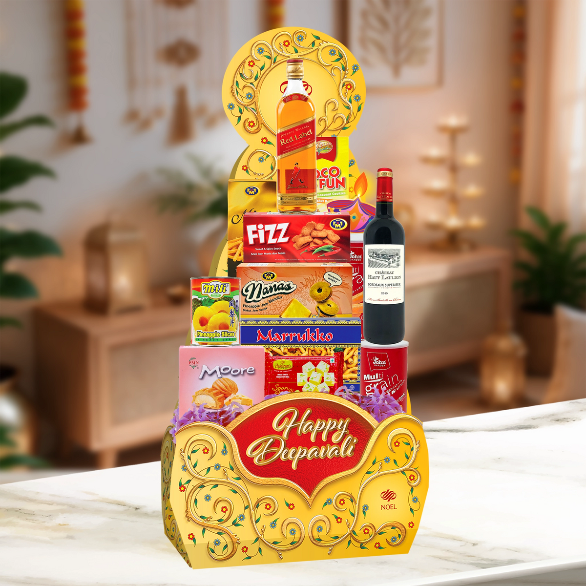 Deepavali Celebration Spirits Hamper with red wine, Johnnie Walker Red Label and festive treats