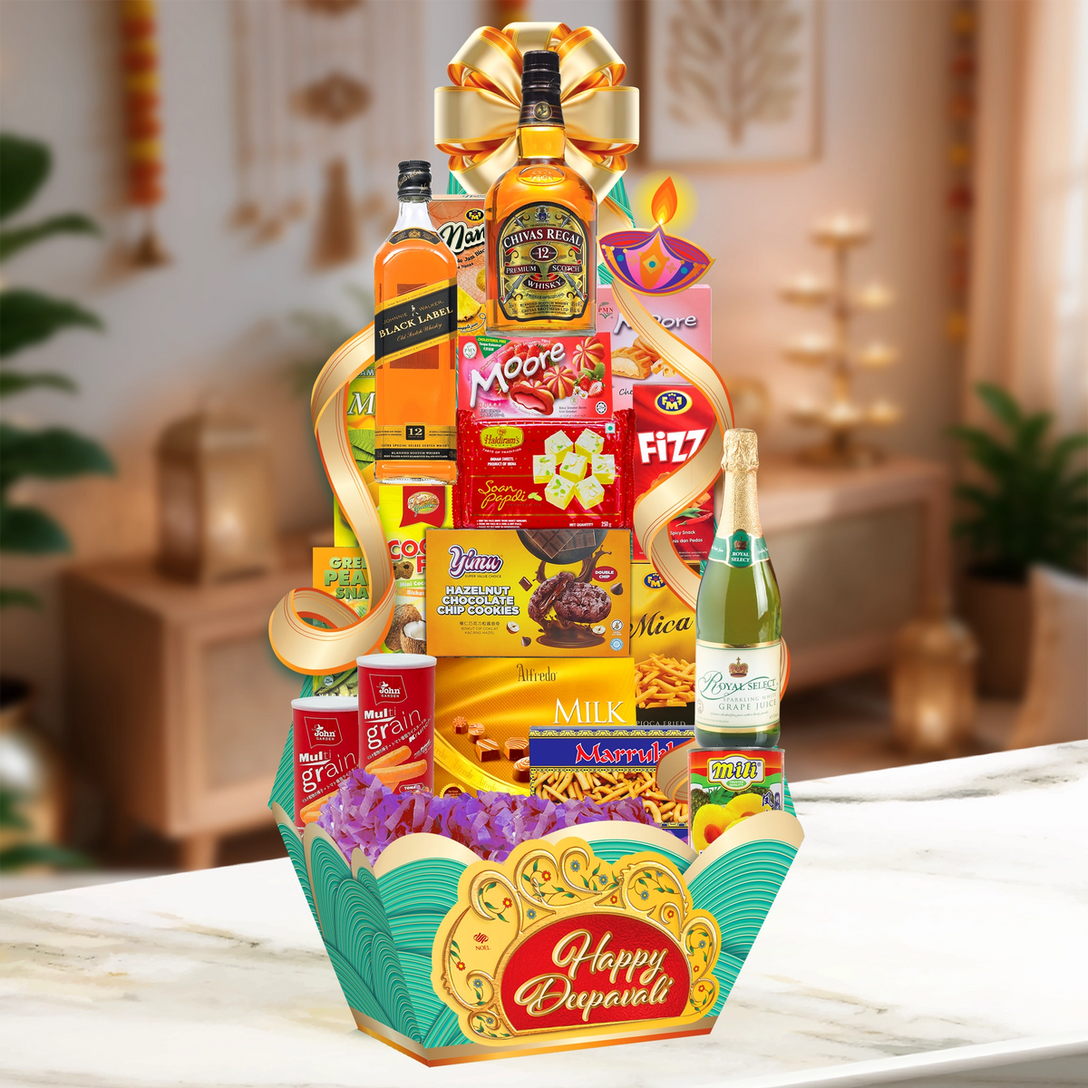 Deepavali Grand Luxury Hamper with Chivas Regal 12, Johnnie Walker Black Label and assorted festive treats