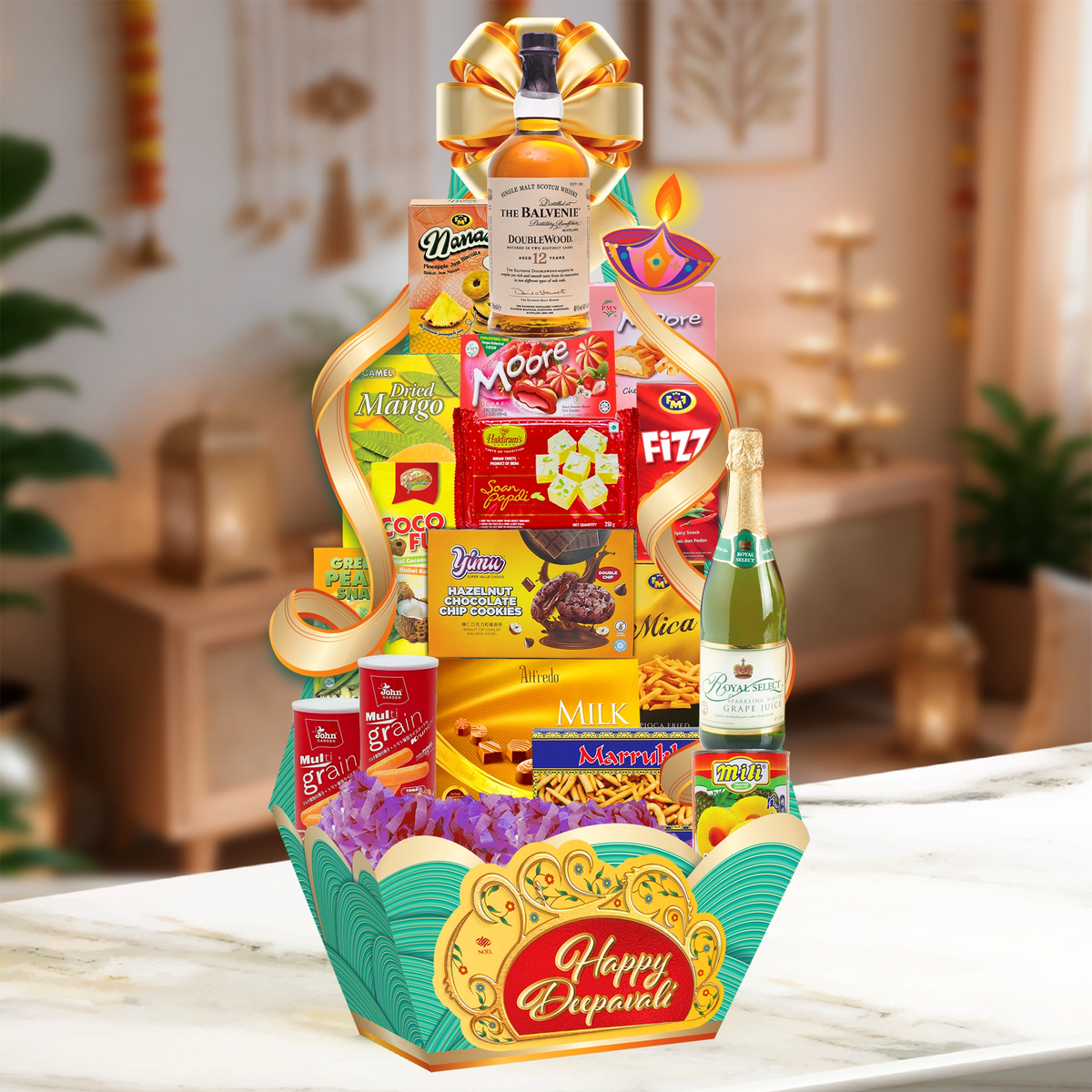 Deepavali Refined Indulgence Hamper with The Balvenie DoubleWood 12 Years, sparkling juice and festive treats