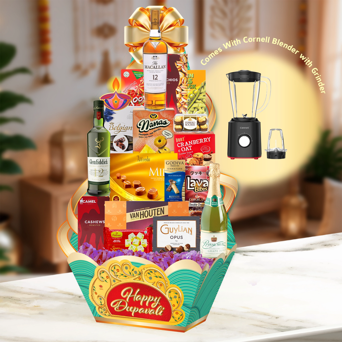 Deepavali Refined Indulgence Hamper with The Balvenie DoubleWood 12 Years, sparkling juice and festive treats