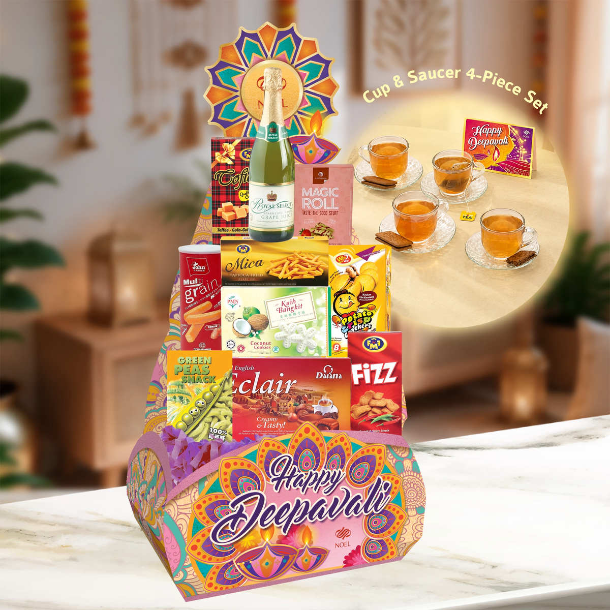 Deepavali Radiant Reflection Hamper with sparkling juice, assorted treats and an elegant cup and saucer set